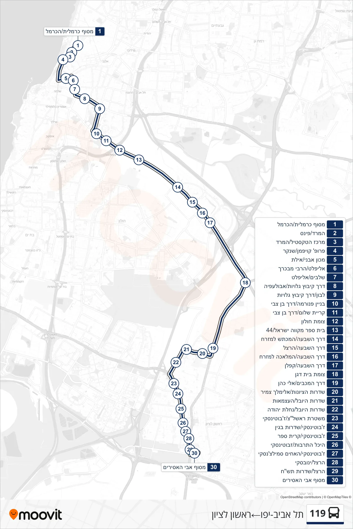 119 bus Line (Tel Aviv-Yafo‎→Rishon LeZion) route and stops on a map