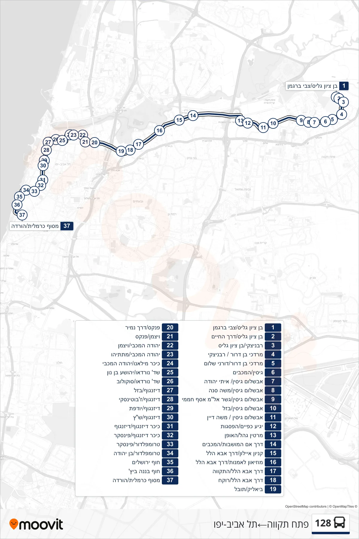 128 bus Line (Petah Tikva‎→Tel Aviv-Yafo) route and stops on a map