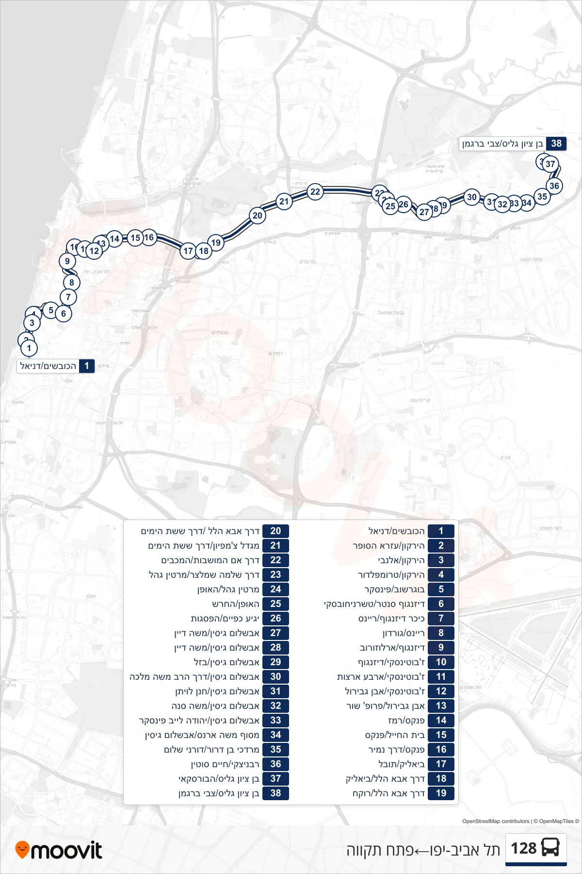 128 bus Line (Tel Aviv-Yafo‎→Petah Tikva) route and stops on a map