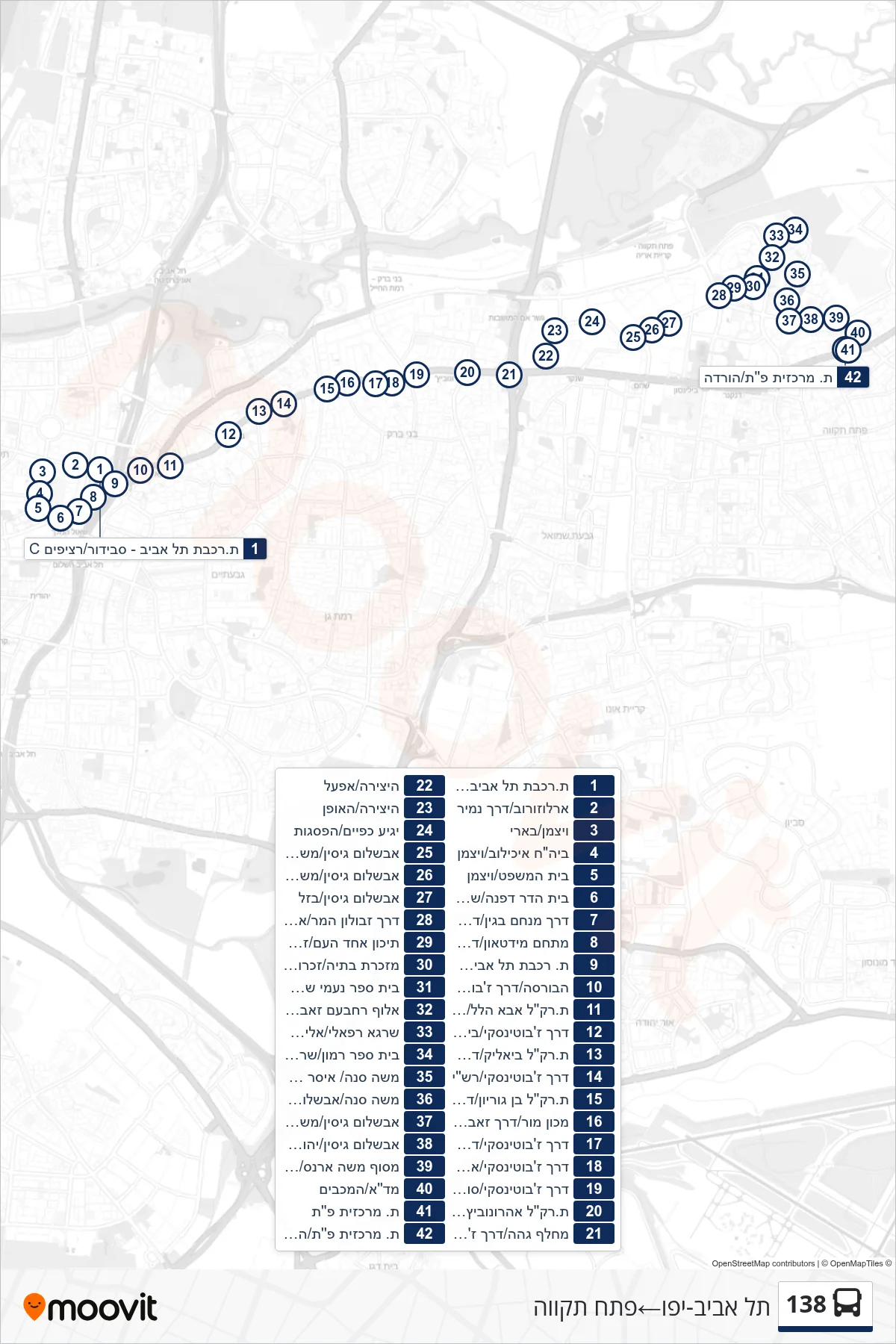 138  Line (Tel Aviv-Yafo‎→Petah Tikva) route and stops on a map