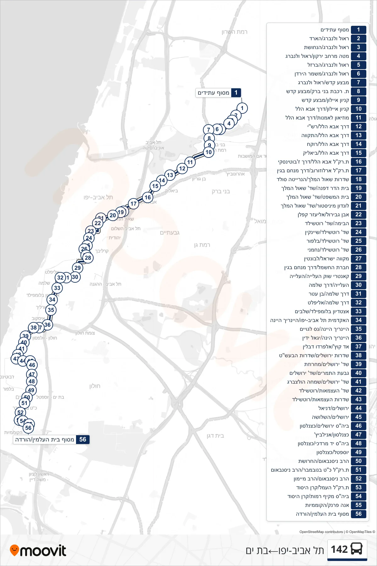 142 bus Line (Tel Aviv-Yafo‎→Bat Yam) route and stops on a map