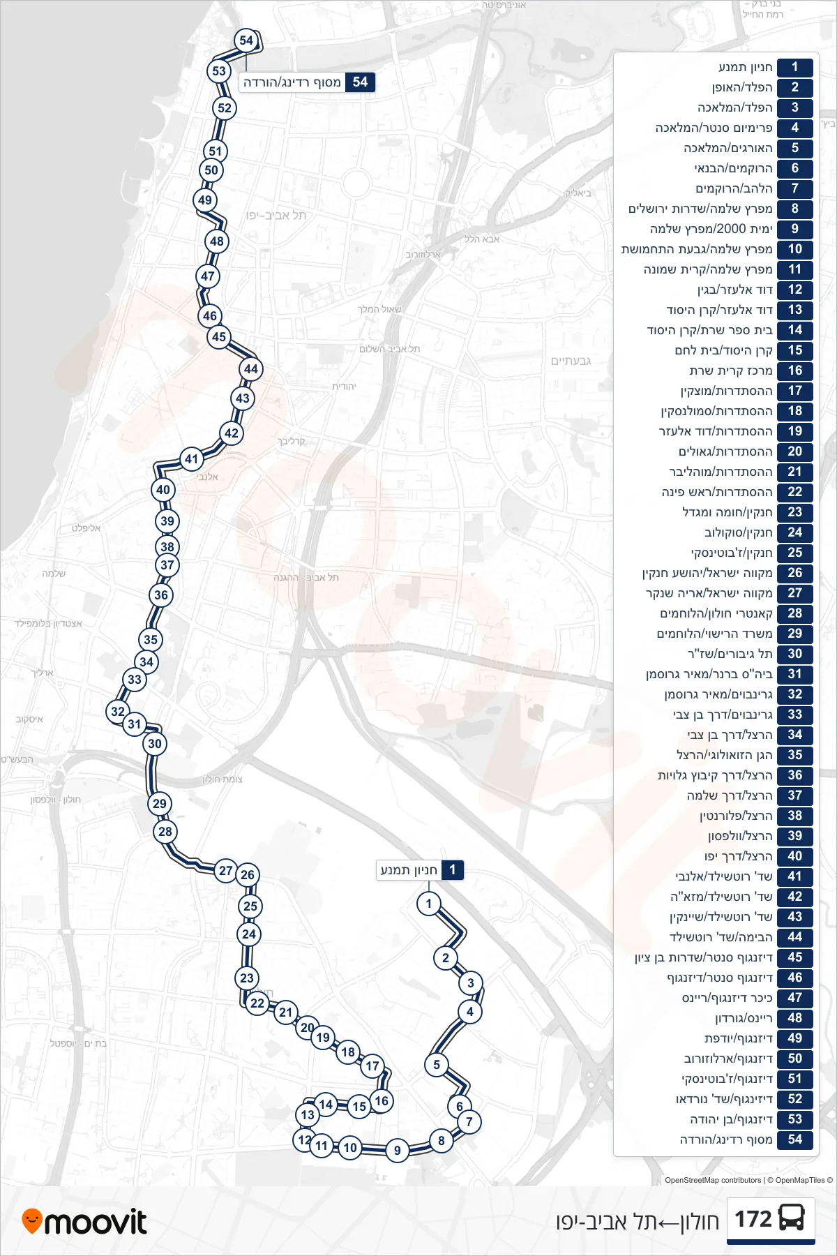 172 bus Line (Holon‎→Tel Aviv-Yafo) route and stops on a map
