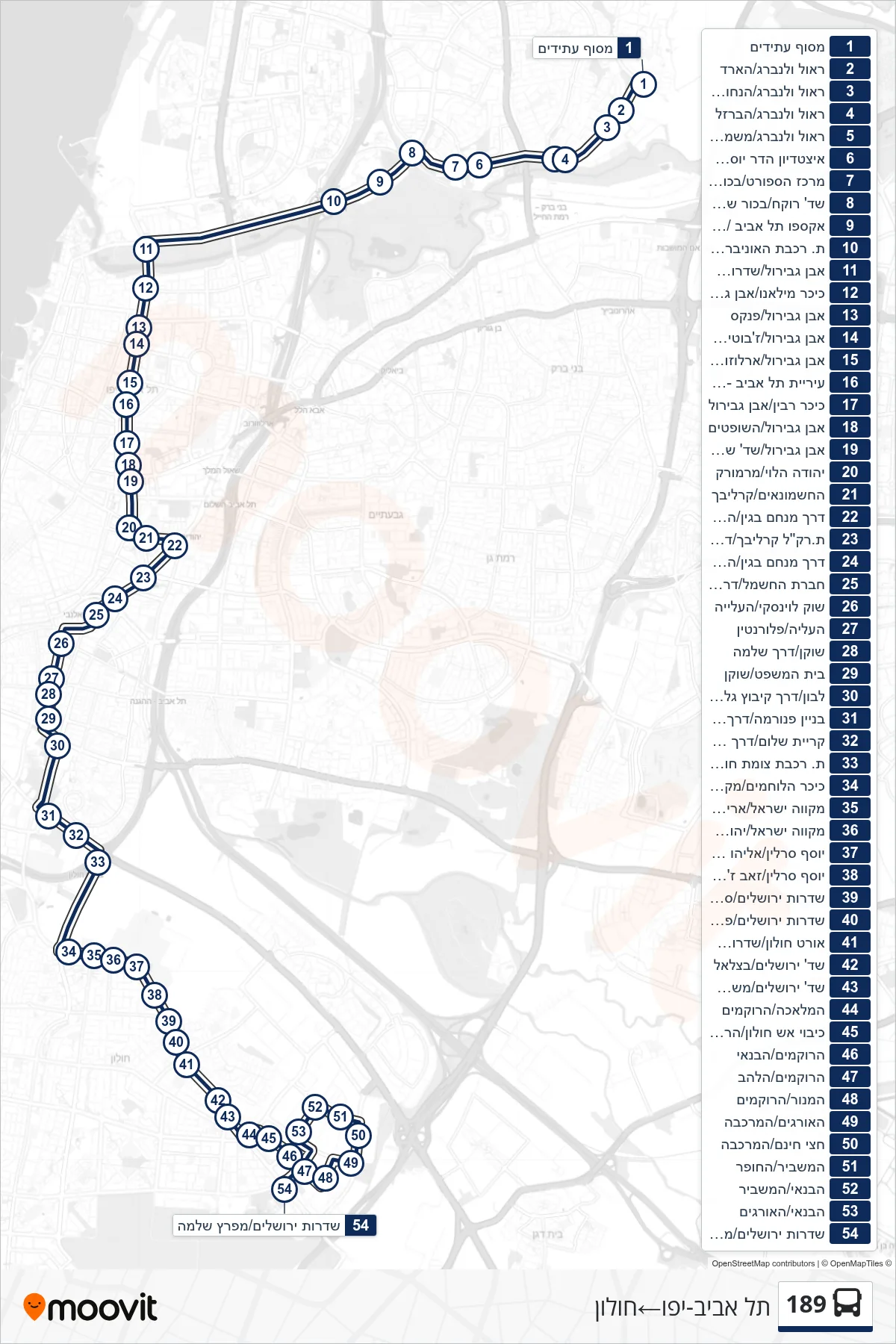 189 bus Line (Tel Aviv-Yafo‎→Holon) route and stops on a map