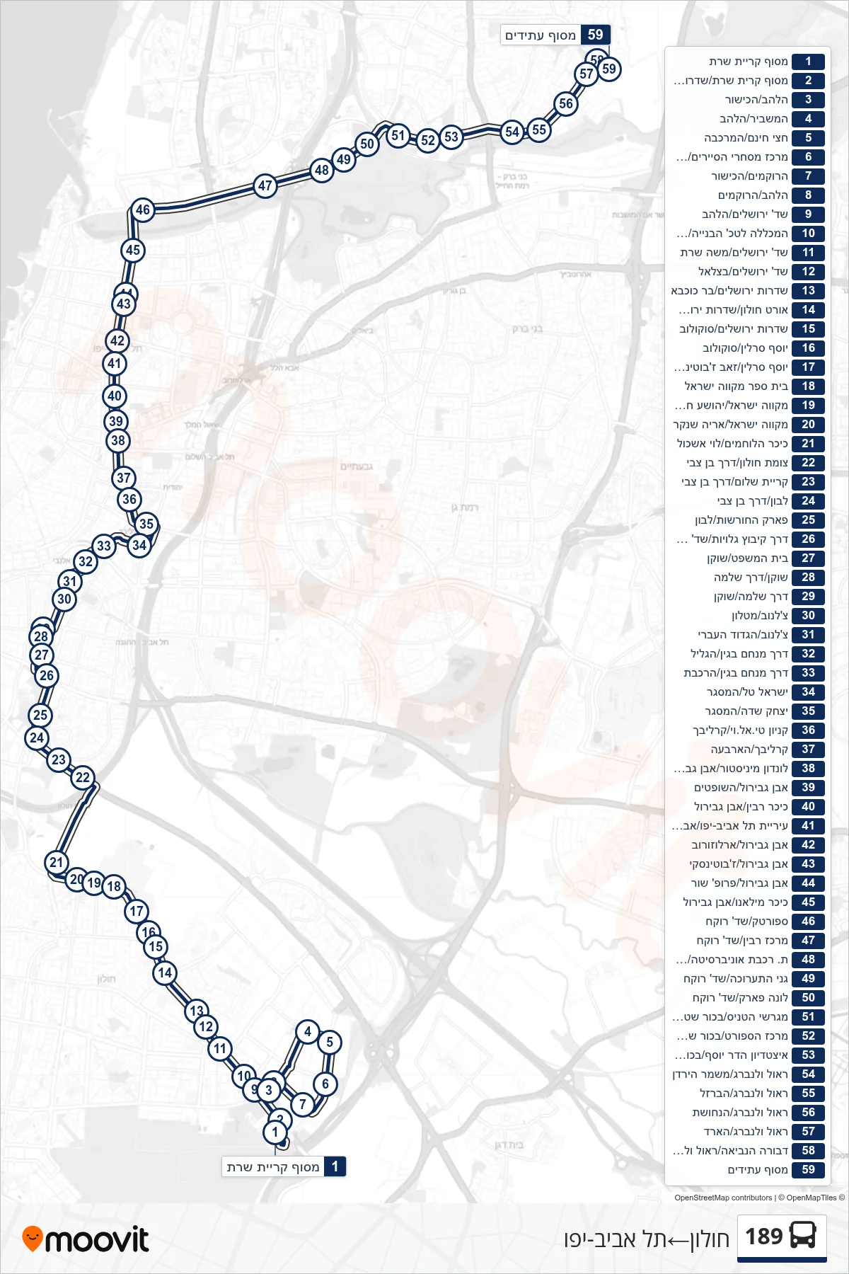 189 bus Line (Holon‎→Tel Aviv-Yafo) route and stops on a map