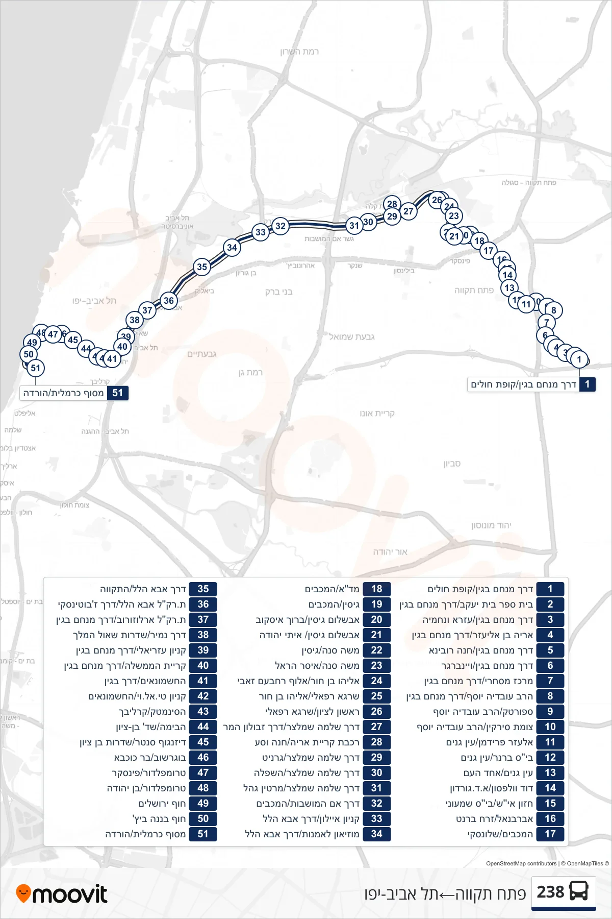 238  Line (Petah Tikva‎→Tel Aviv-Yafo) route and stops on a map