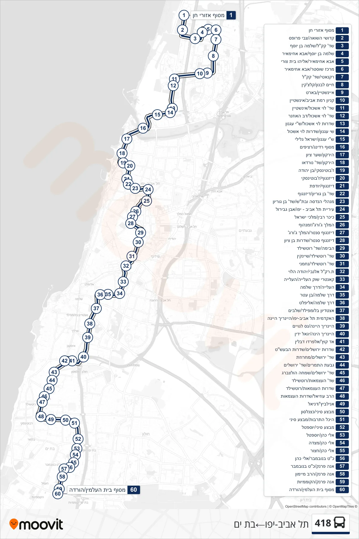 418 bus Line (Tel Aviv-Yafo‎→Bat Yam) route and stops on a map