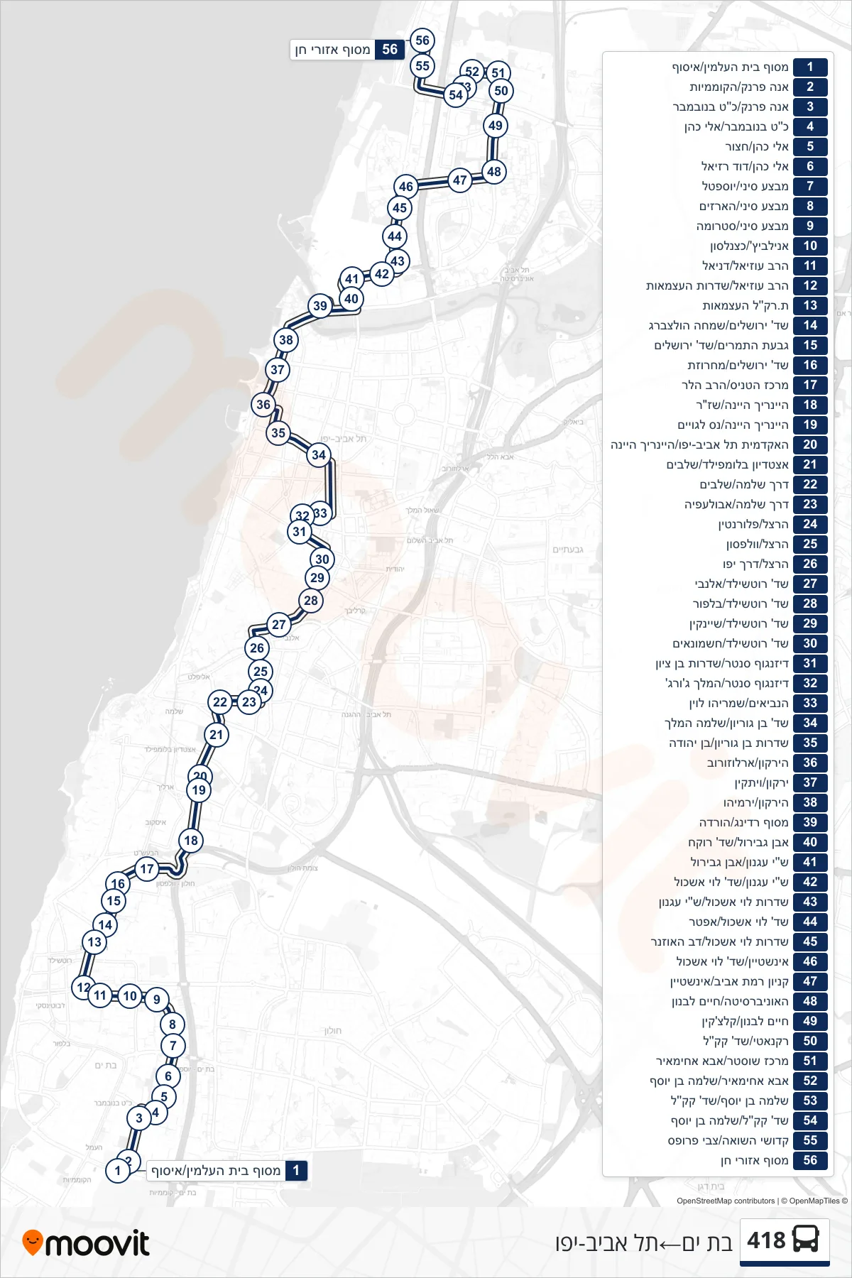 418 bus Line (Bat Yam‎→Tel Aviv-Yafo) route and stops on a map