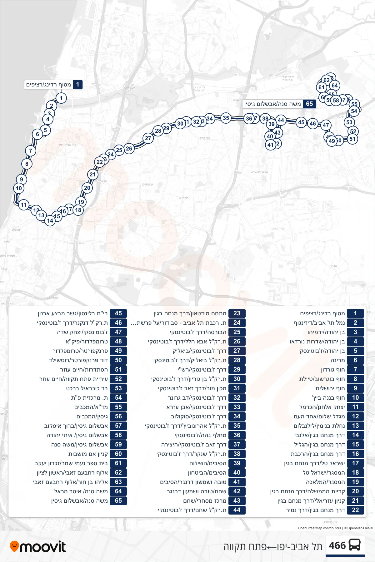 466 bus Line (Tel Aviv-Yafo‎→Petah Tikva) route and stops on a map