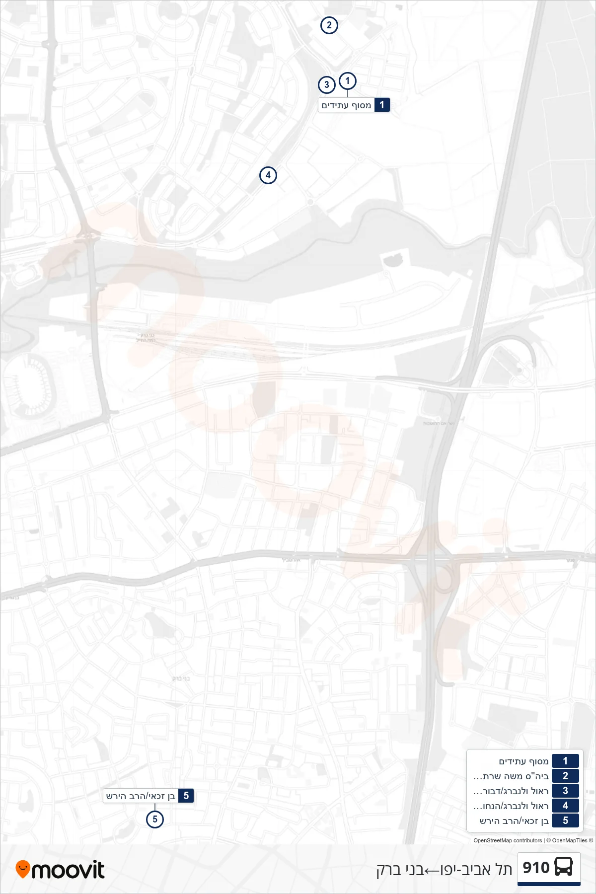 910 bus Line (Tel Aviv-Yafo‎→Bnei Brak) route and stops on a map