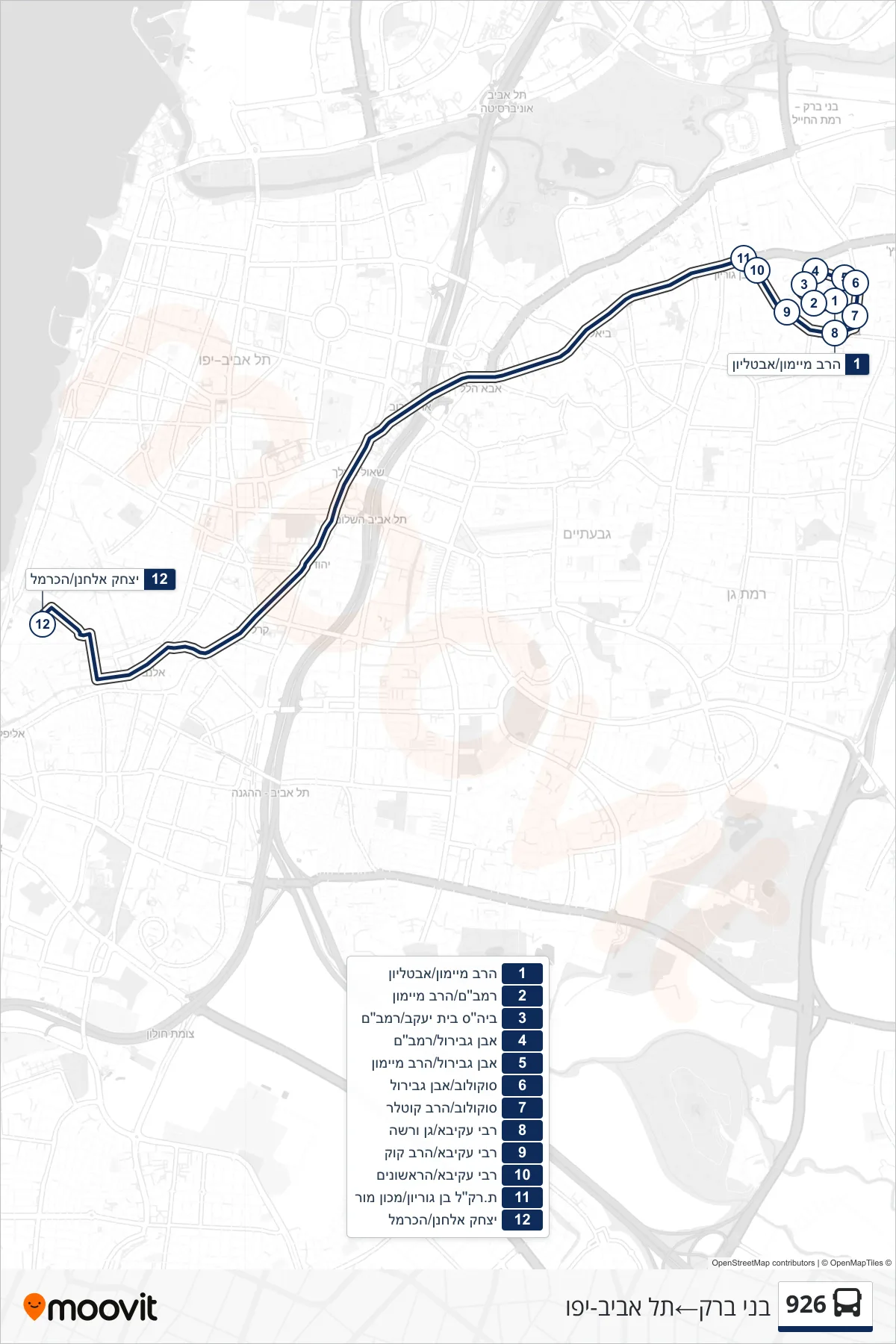 926 bus Line (Bnei Brak‎→Tel Aviv-Yafo) route and stops on a map