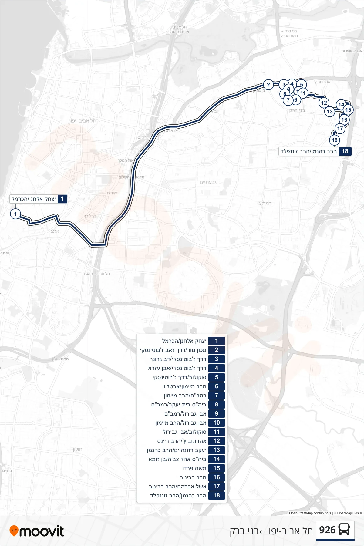 926 bus Line (Tel Aviv-Yafo‎→Bnei Brak) route and stops on a map