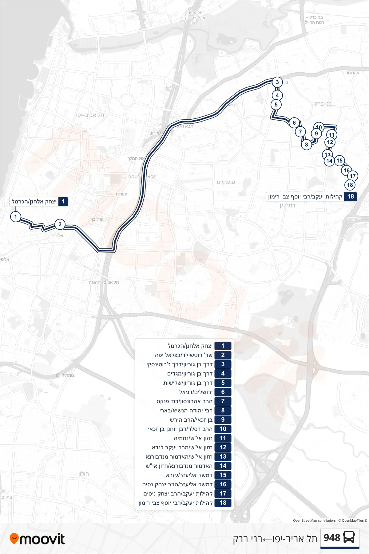 948 bus Line (Tel Aviv-Yafo‎→Bnei Brak) route and stops on a map