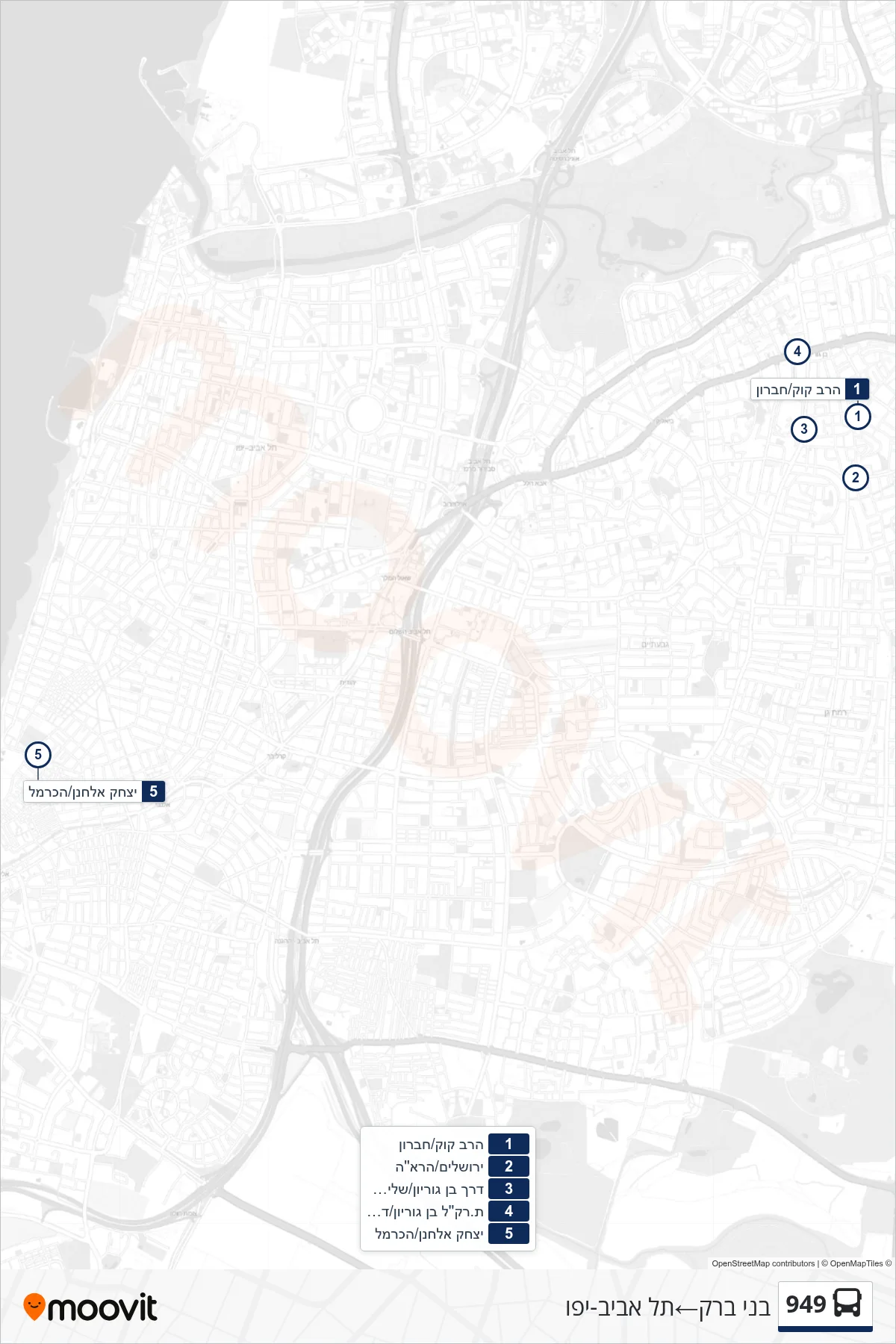 949 bus Line (Bnei Brak‎→Tel Aviv-Yafo) route and stops on a map