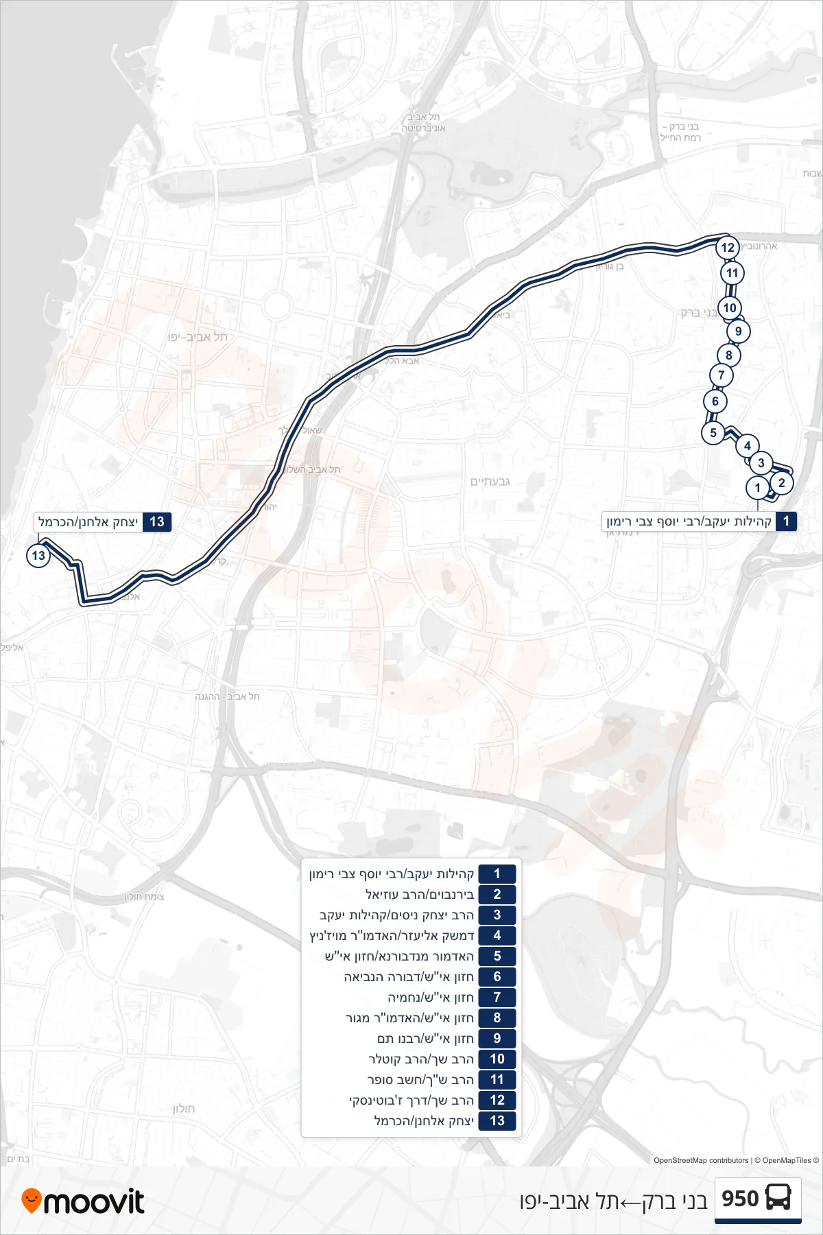 950 bus Line (Bnei Brak‎→Tel Aviv-Yafo) route and stops on a map