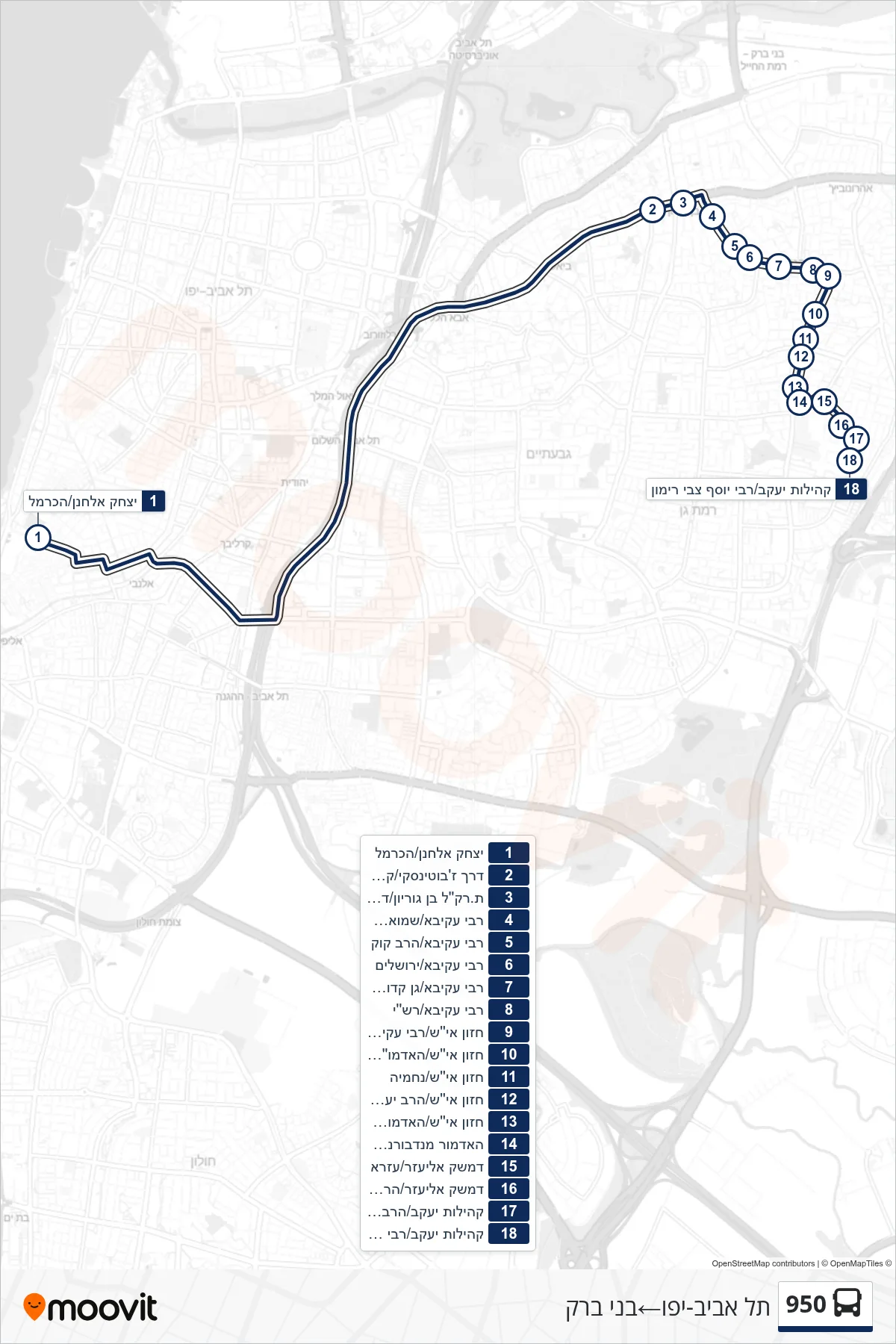 950 bus Line (Tel Aviv-Yafo‎→Bnei Brak) route and stops on a map