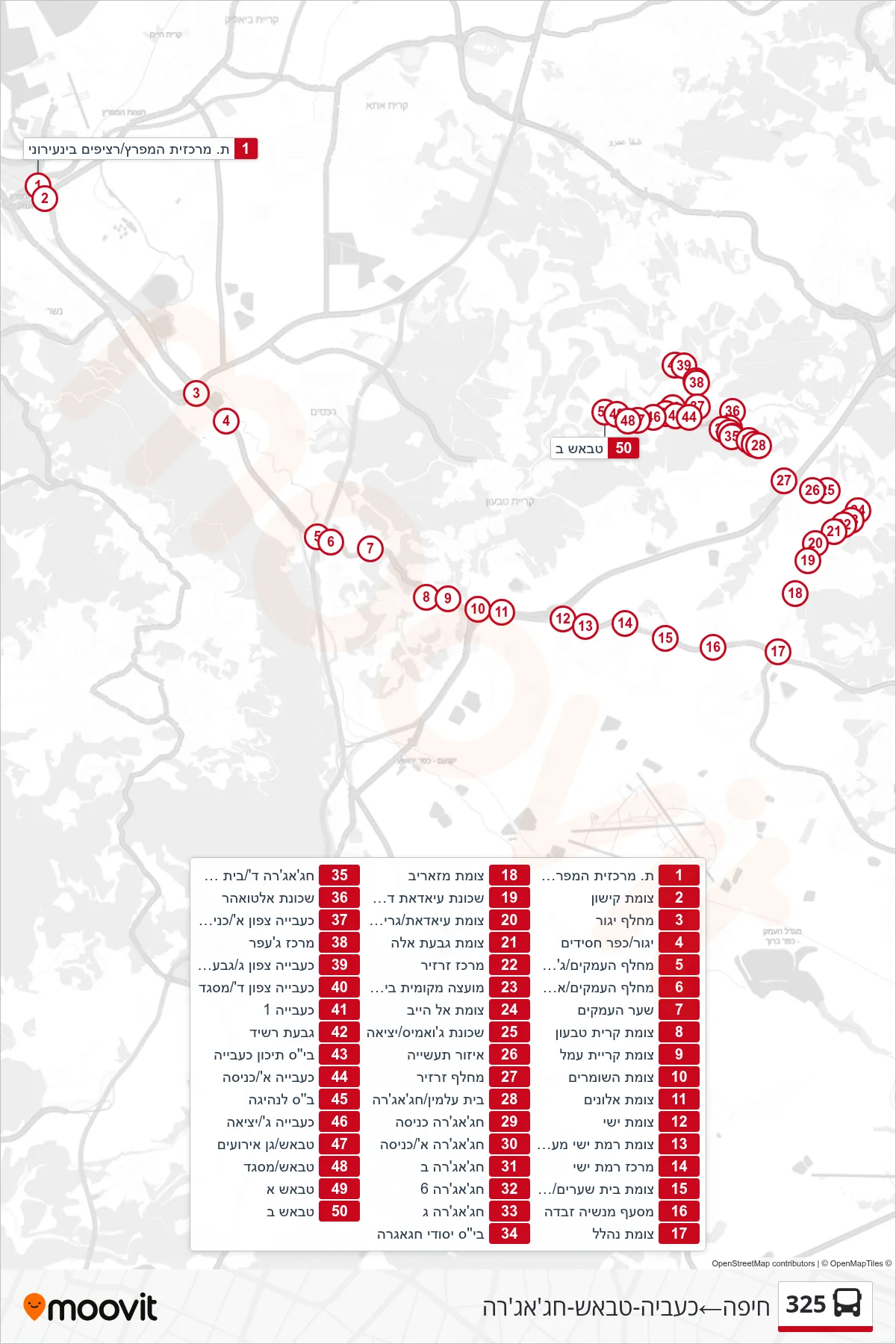 325  Line (Haifa‎→Kaabiya-Tabasch-Hajajre) route and stops on a map