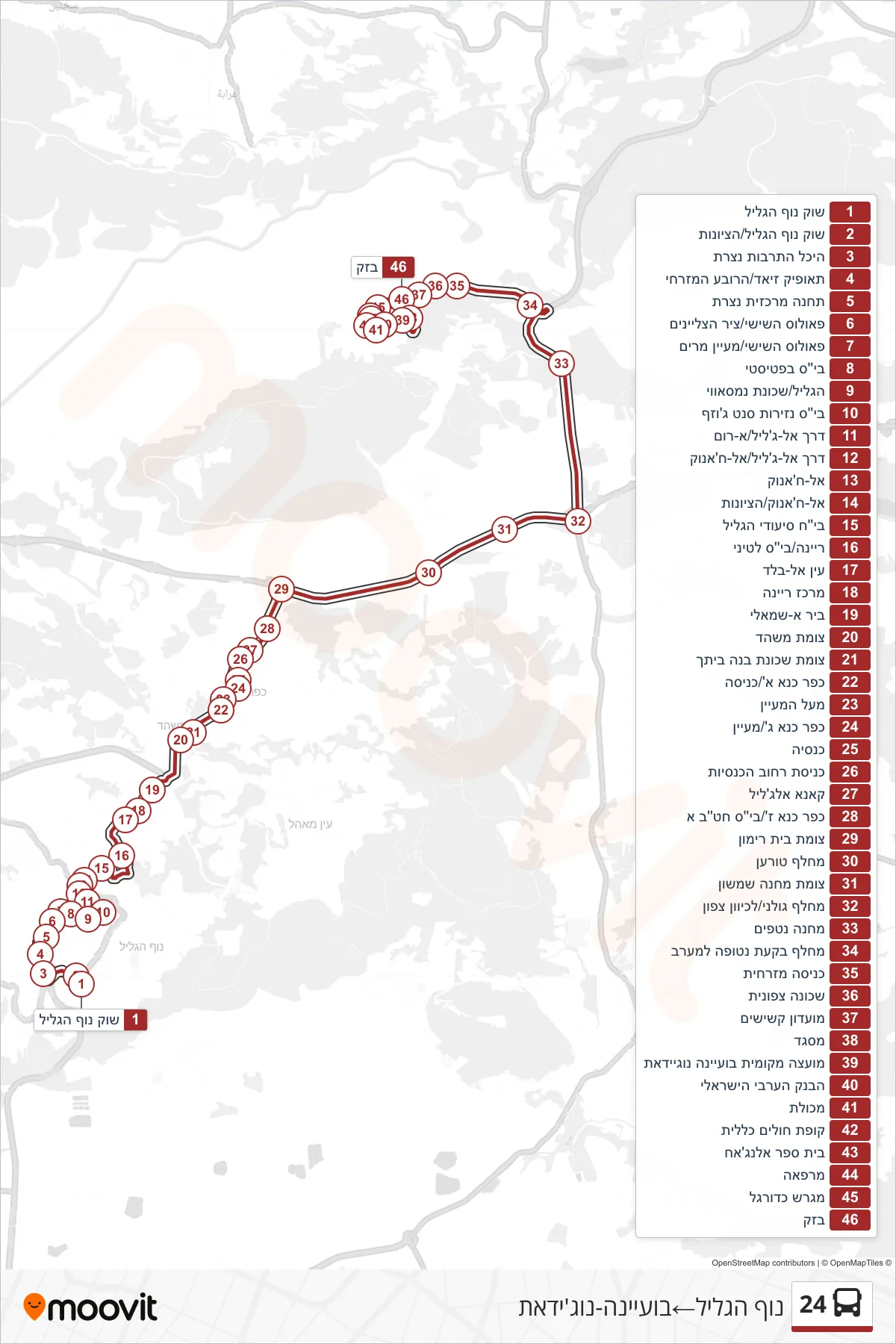 24 bus Line (Nof HaGalil→Bu'eine-Nujeidat) route and stops on a map