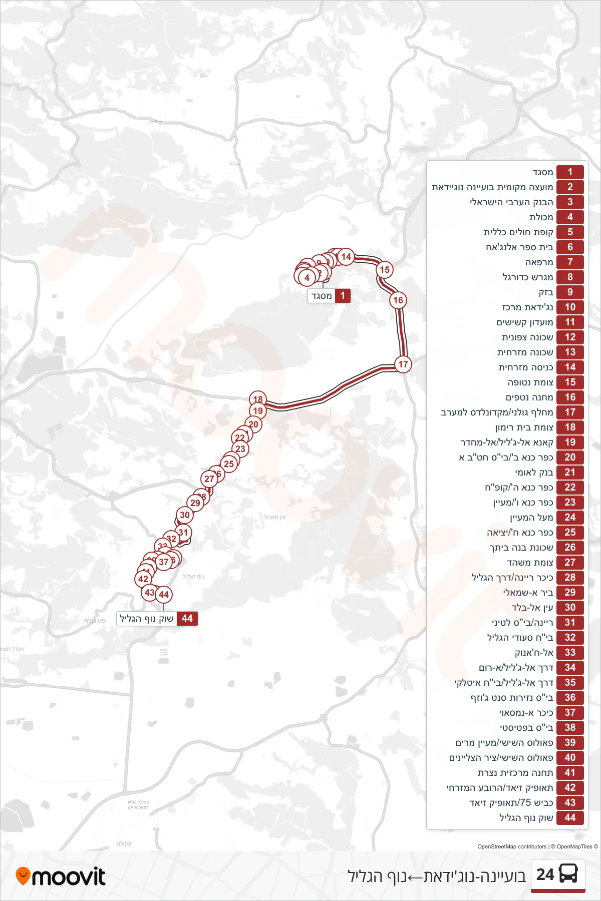 24 bus Line (Bu'eine-Nujeidat→Nof HaGalil) route and stops on a map