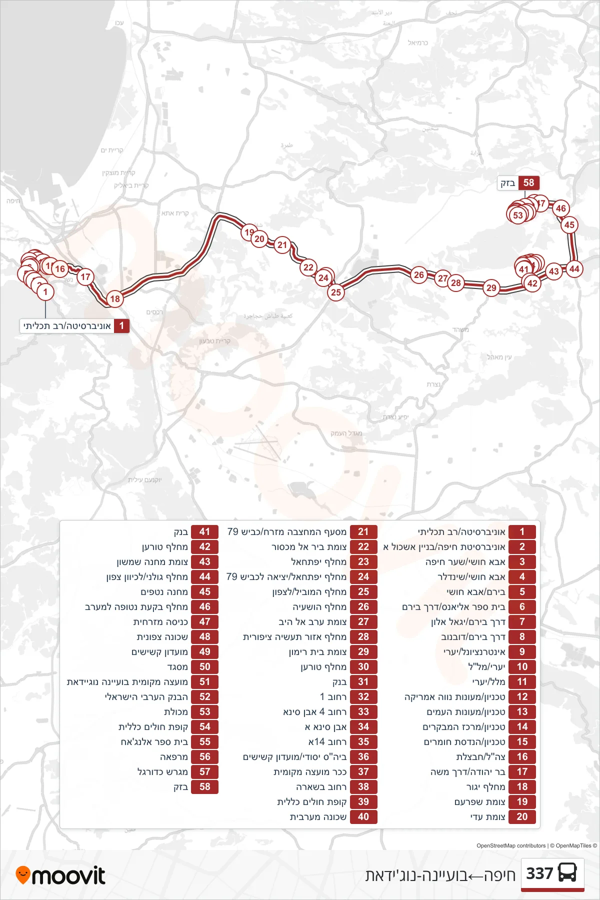 337 bus Line (Haifa‎→Bu'eine-Nujeidat) route and stops on a map