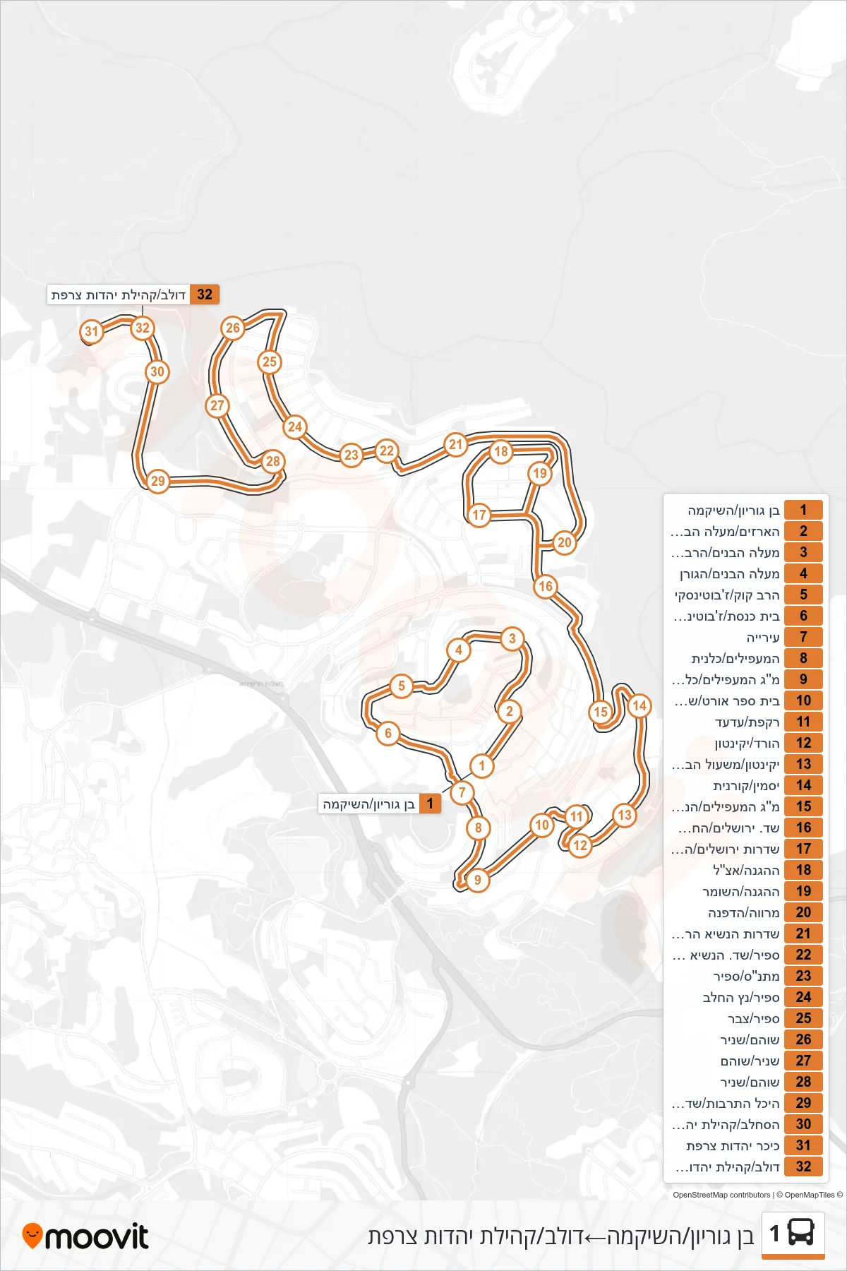 1  Line (Ben Gurion/HaShikma‎→Dolev/French Jewish Community) route and stops on a map