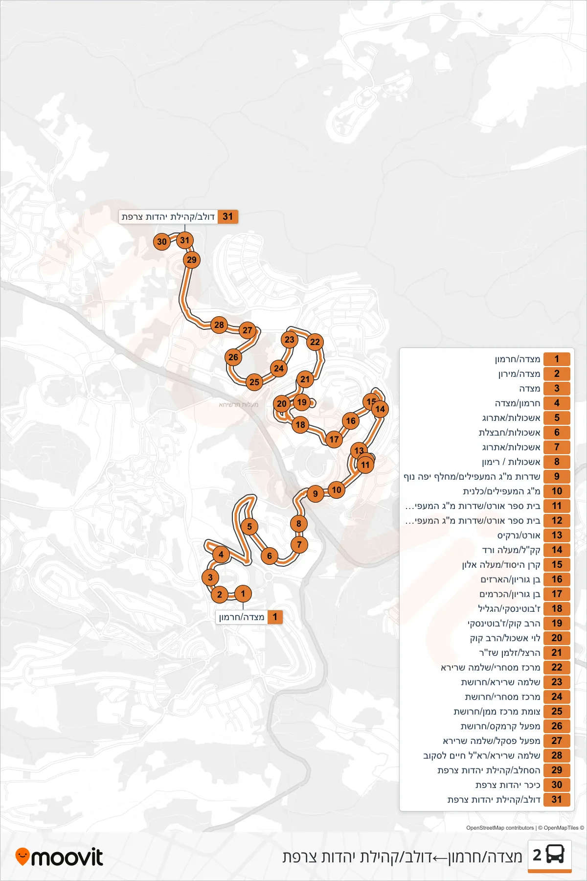 2 bus Line (Masada/Hermon‎→Dolev/French Jewish Community) route and stops on a map