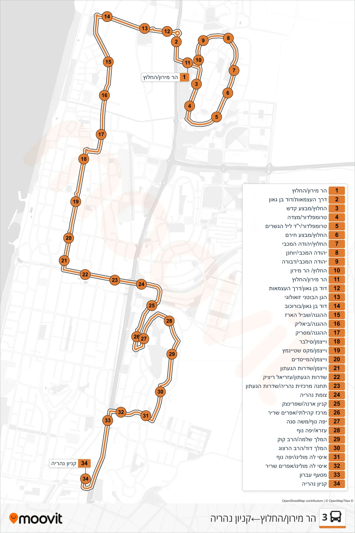 3 bus Line (Har Meron/HaChalutz‎→Nahariya Mall) route and stops on a map