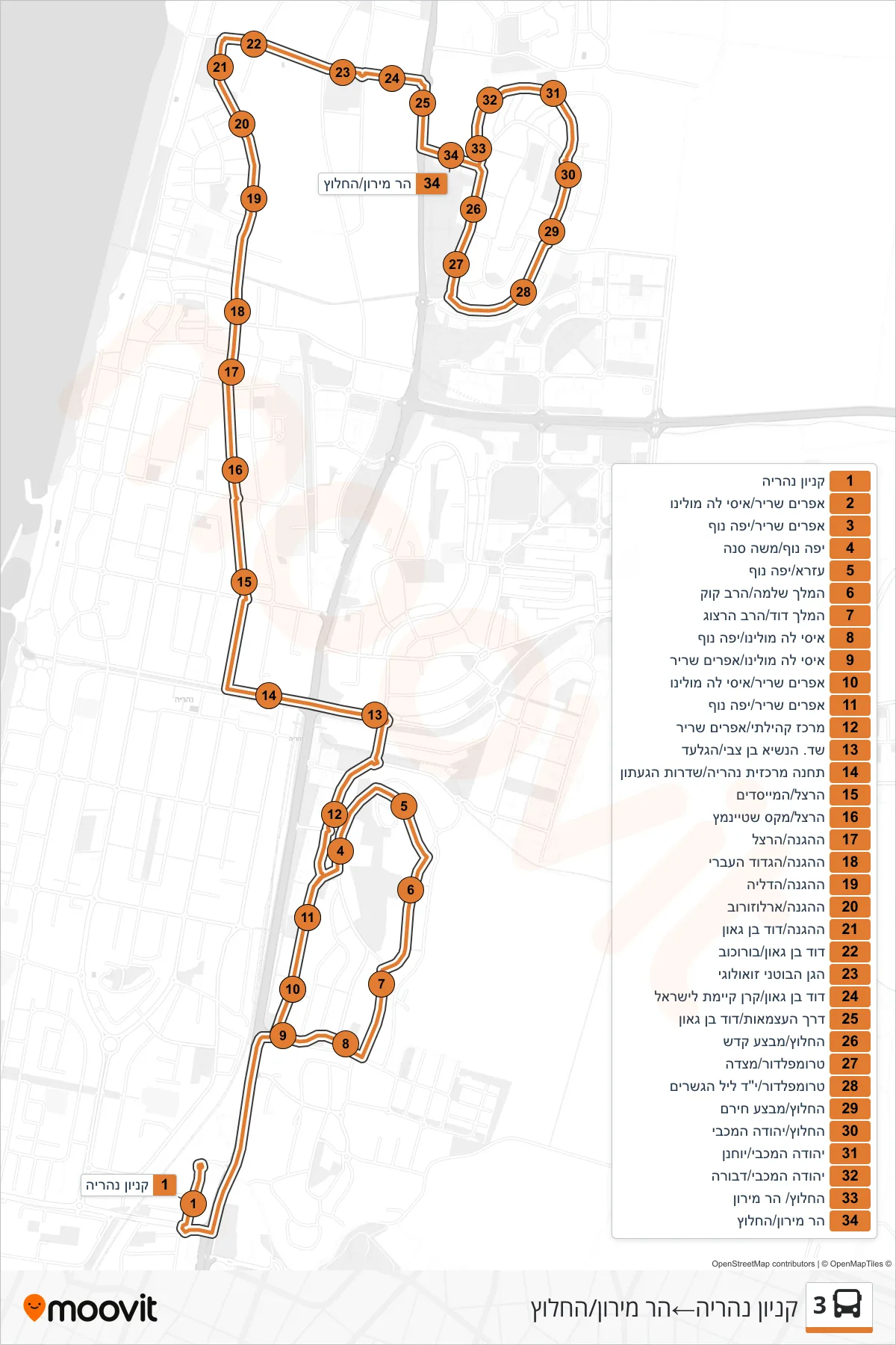 3 bus Line (Nahariya Mall‎→Har Meron/HaChalutz) route and stops on a map