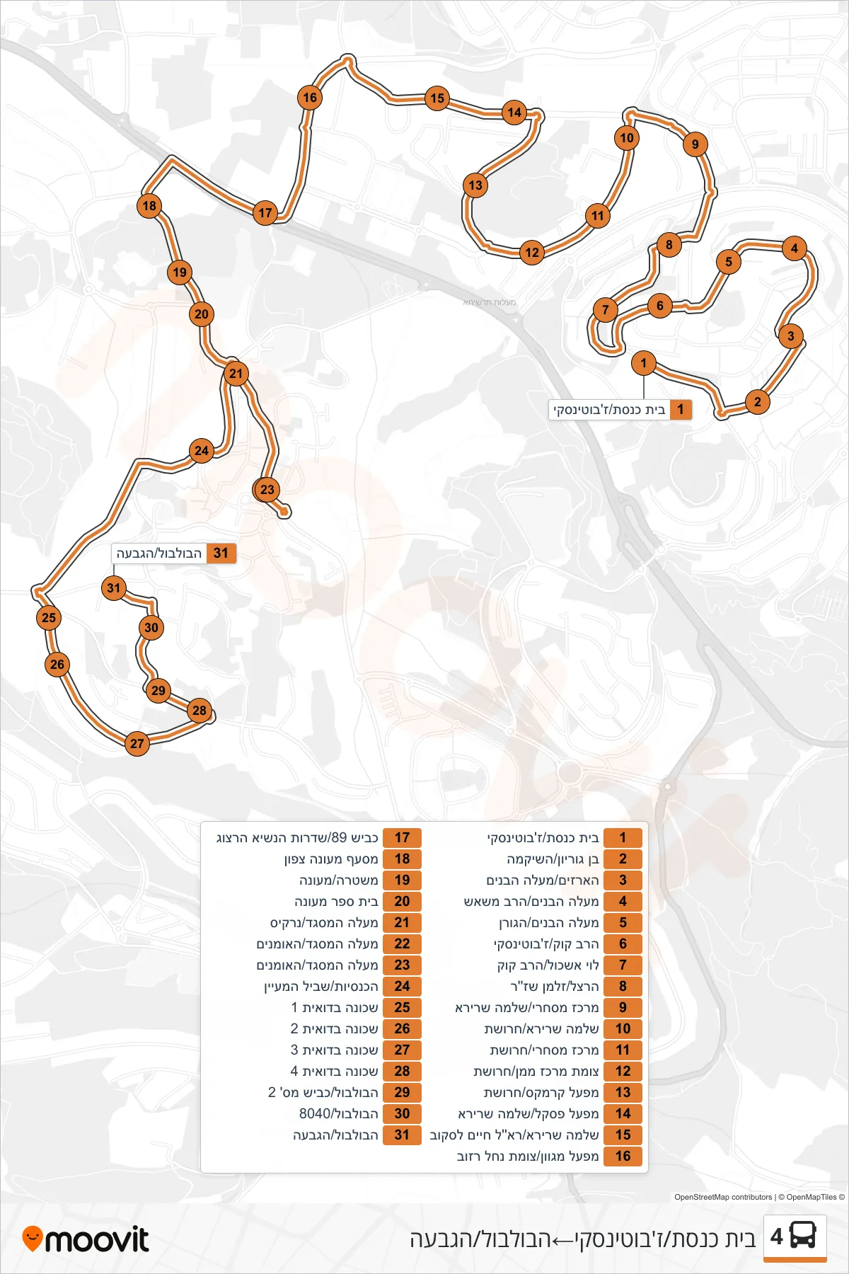 4 bus Line (Beit Knesset/Jabotinsky‎→HaBulbul/HaGiva) route and stops on a map