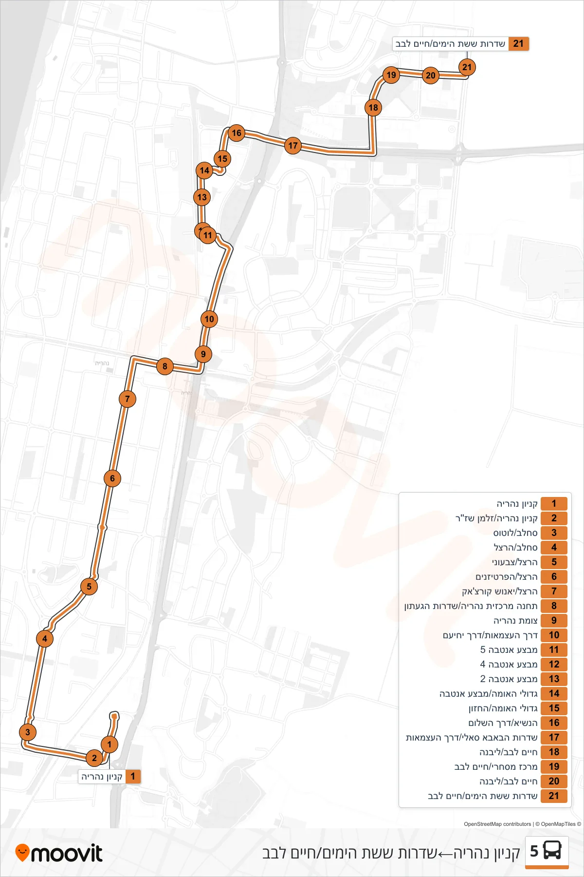 5 bus Line (Nahariya Mall→Sheshet HaYamim Boulevard/Chaim Lavav) route and stops on a map
