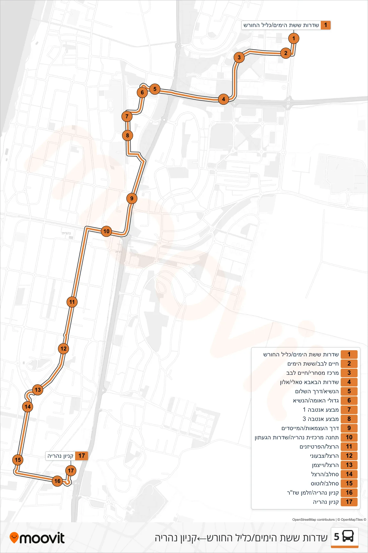 5 bus Line (Six Day War Boulevard/Klil HaChoresh→Nahariya Mall) route and stops on a map