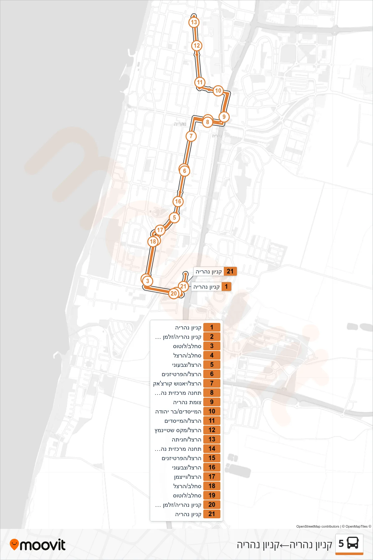 5 bus Line (Nahariya Mall‎→Nahariya Mall) route and stops on a map