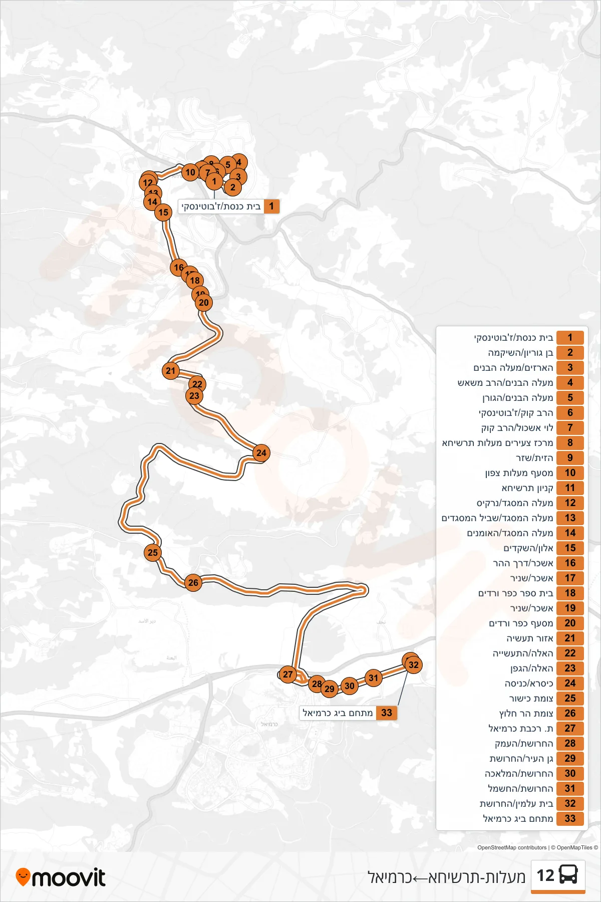 12 bus Line (Ma'alot-Tarshiha‎→Carmiel) route and stops on a map