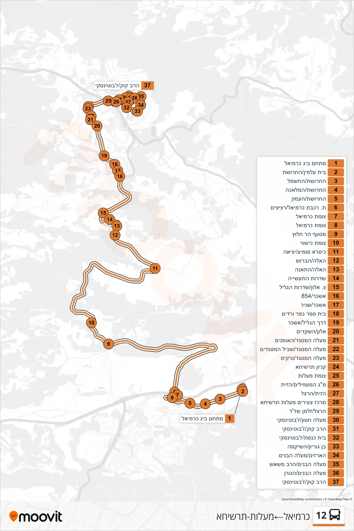 12 bus Line (Carmiel‎→Ma'alot-Tarshiha) route and stops on a map