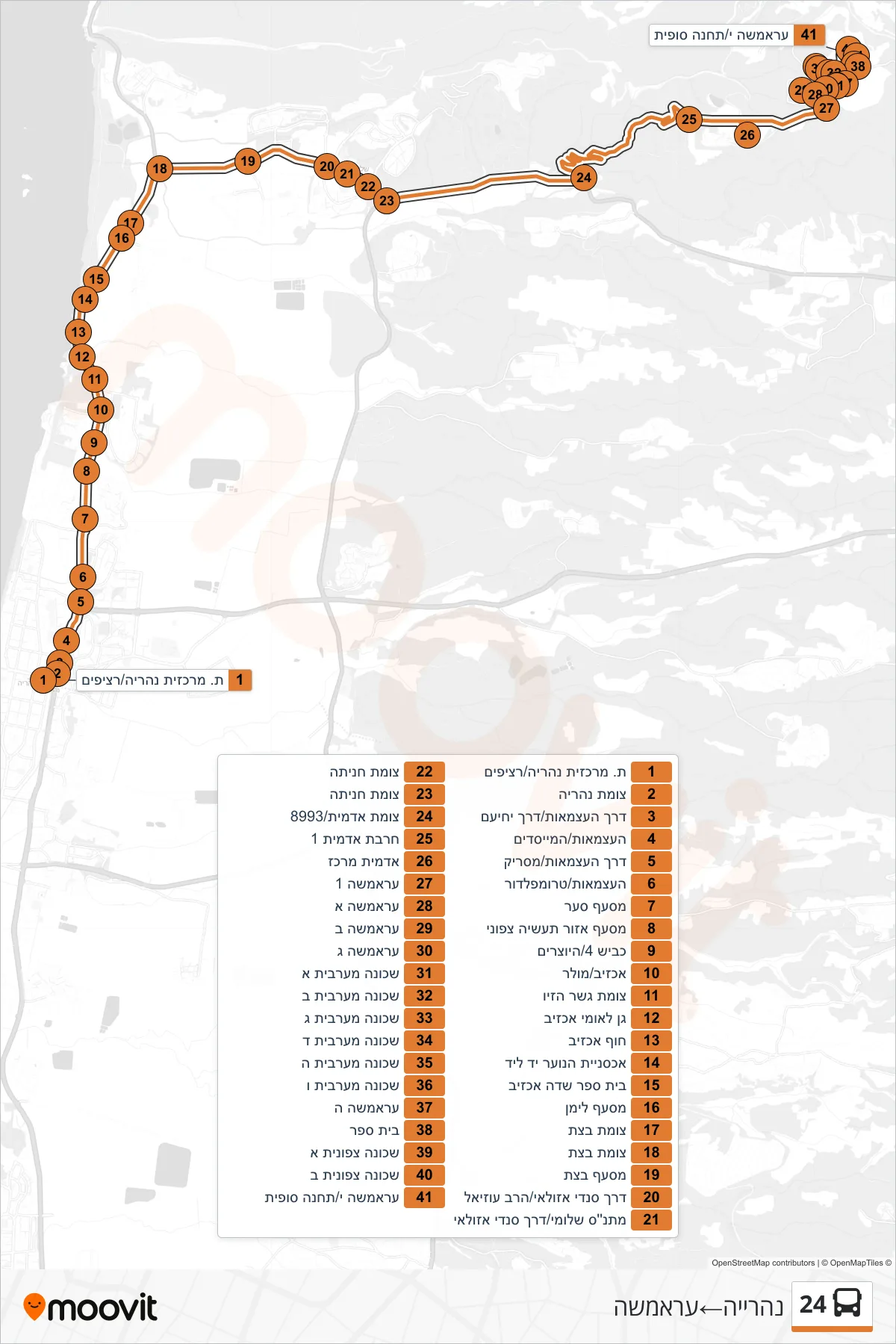 24 bus Line (Nahariya‎→Aramsha) route and stops on a map