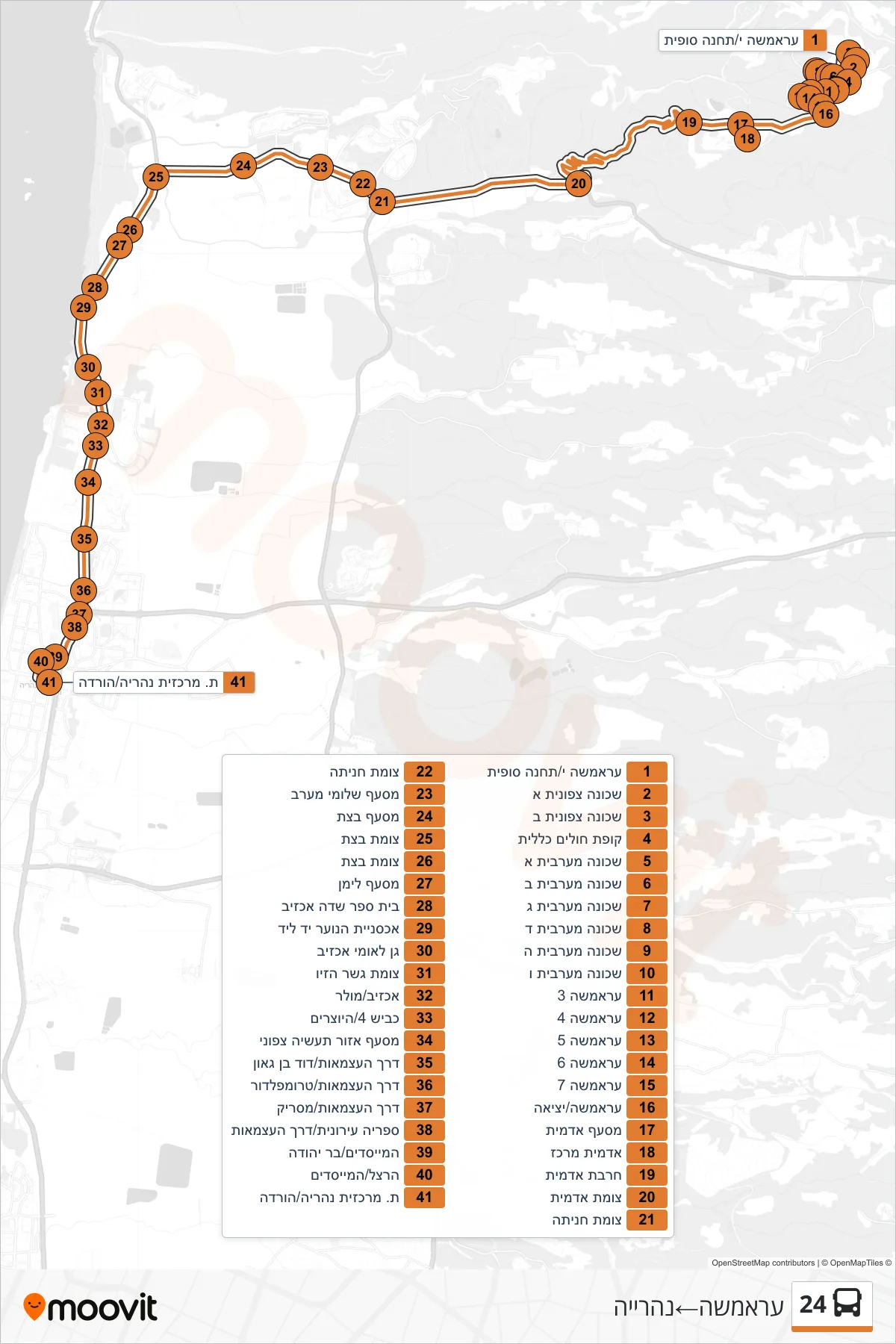24 bus Line (Aramsha‎→Nahariya) route and stops on a map