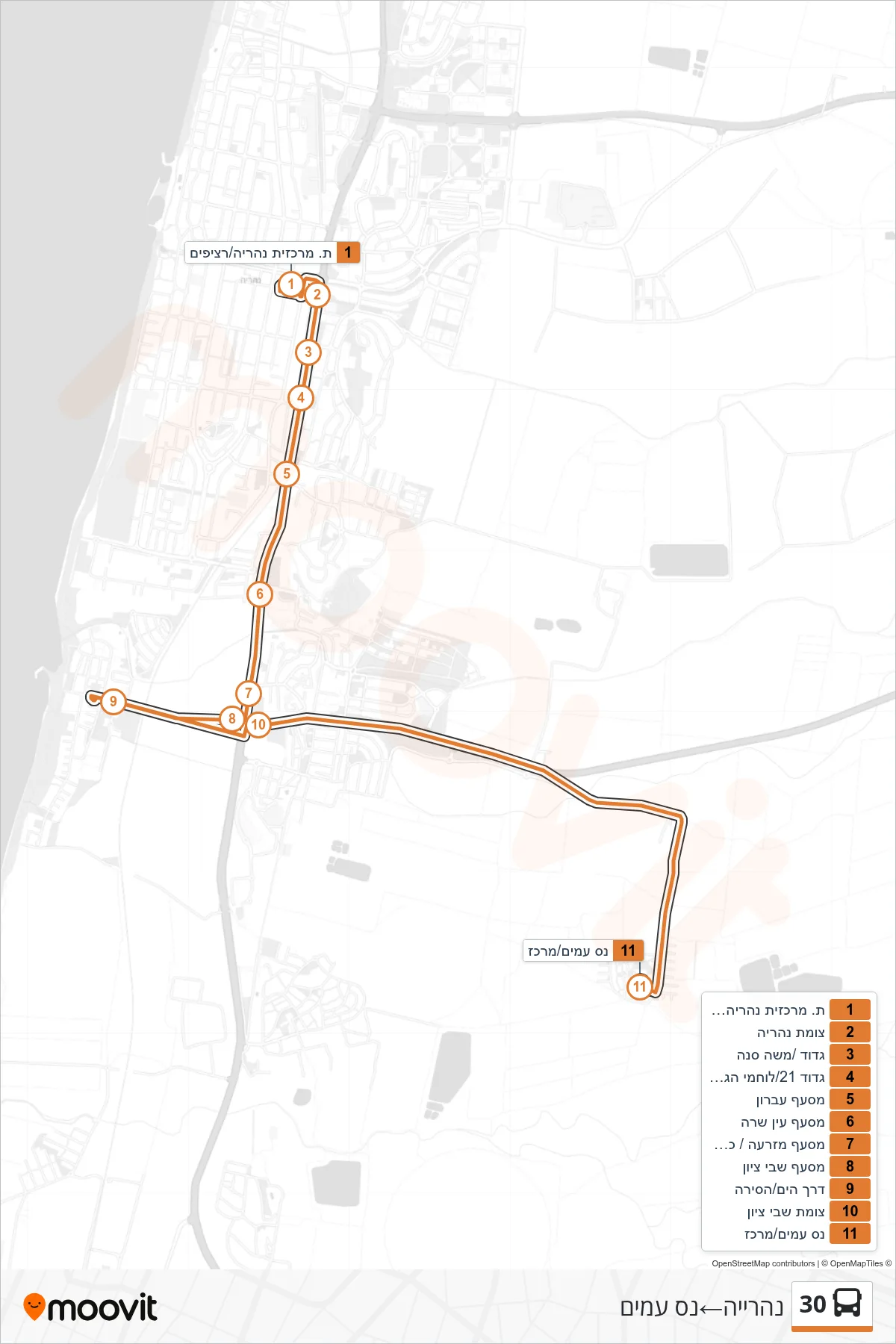 30 bus Line (Nahariya‎→Nes Amim) route and stops on a map