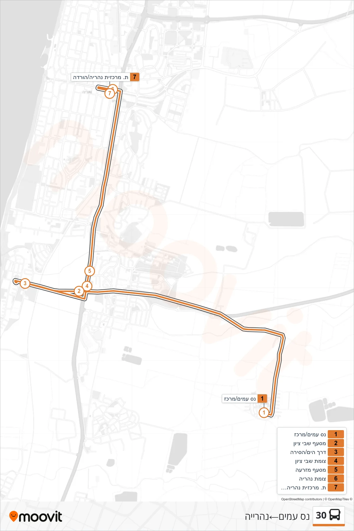 30 bus Line (Nes Amim‎→Nahariya) route and stops on a map