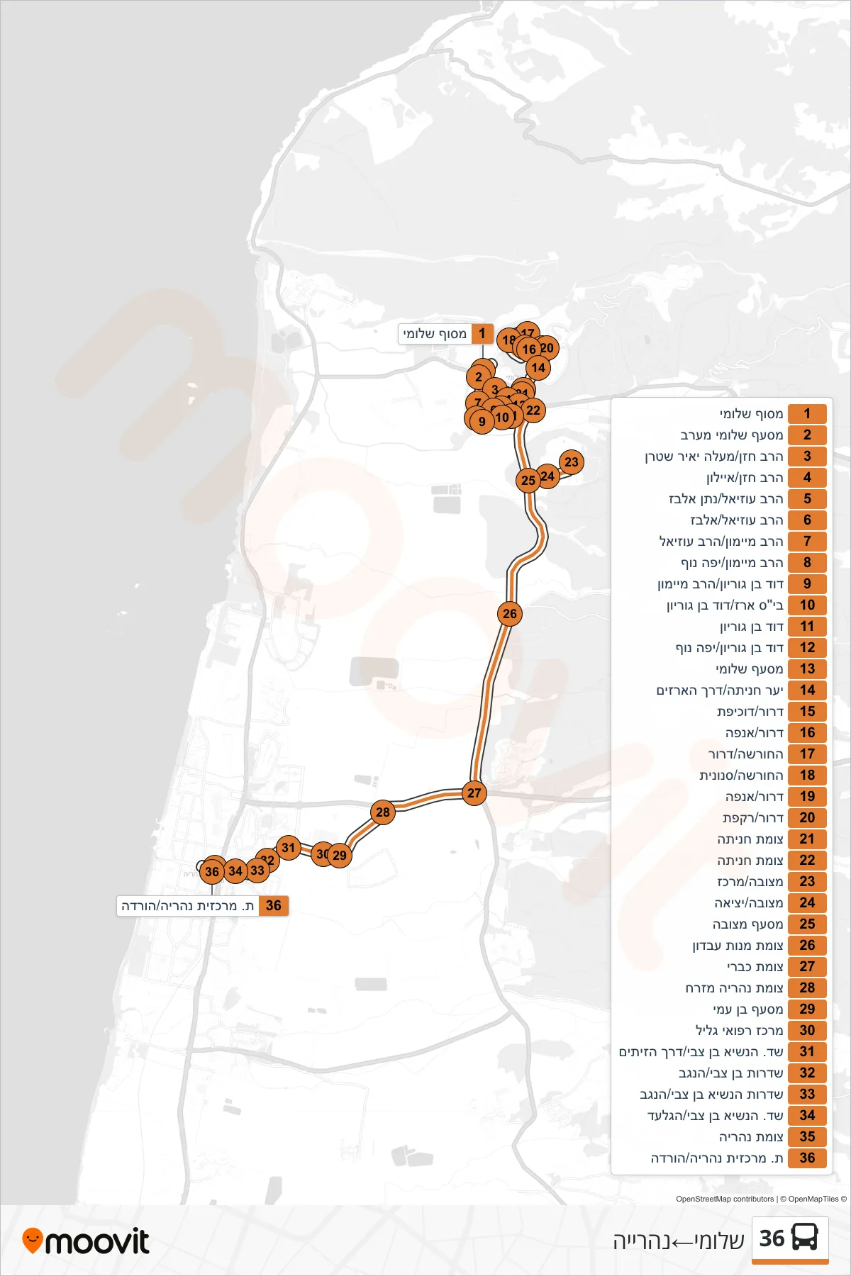 36 bus Line (Shlomi‎→Nahariya) route and stops on a map