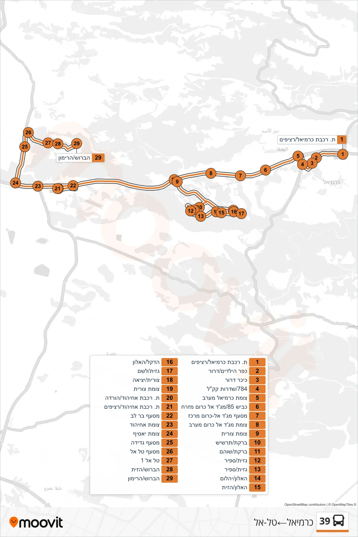 39 bus Line (Carmiel→Tal-El) route and stops on a map
