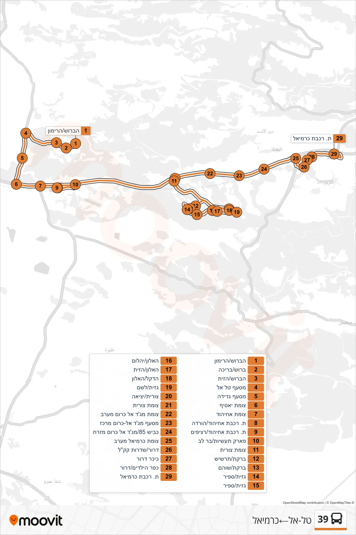 39 bus Line (Tal-El‎→Carmiel) route and stops on a map