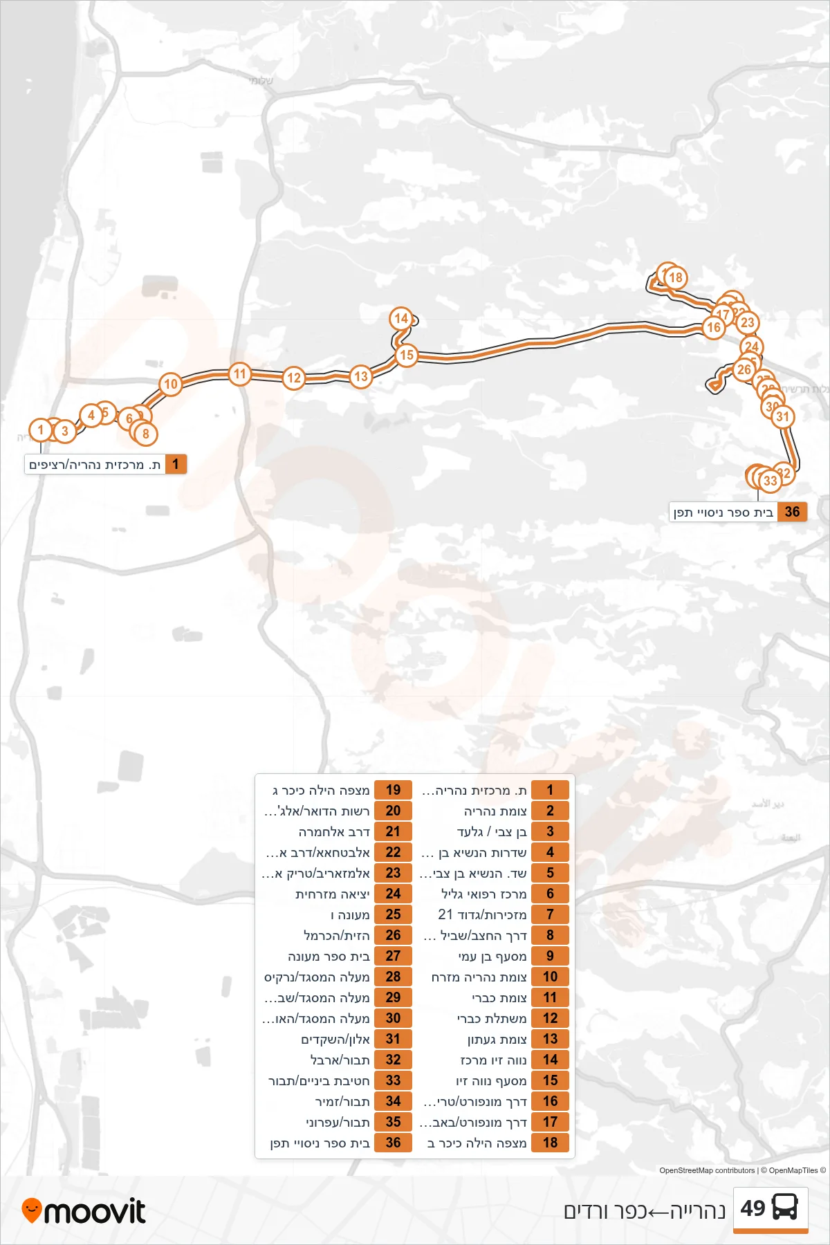 49 bus Line (Nahariya‎→Kfar Vradim) route and stops on a map