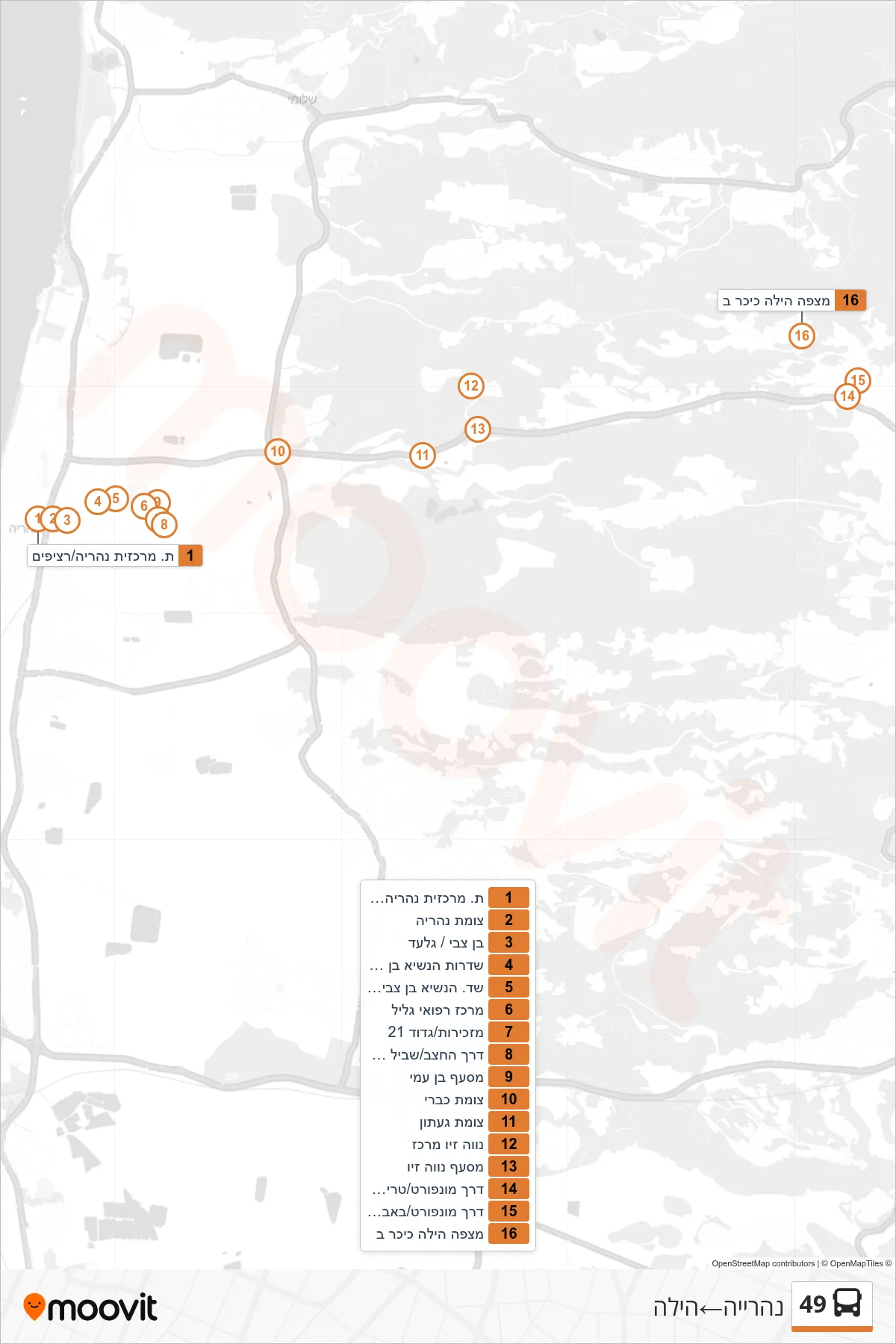 49 bus Line (Nahariya‎→Hila) route and stops on a map