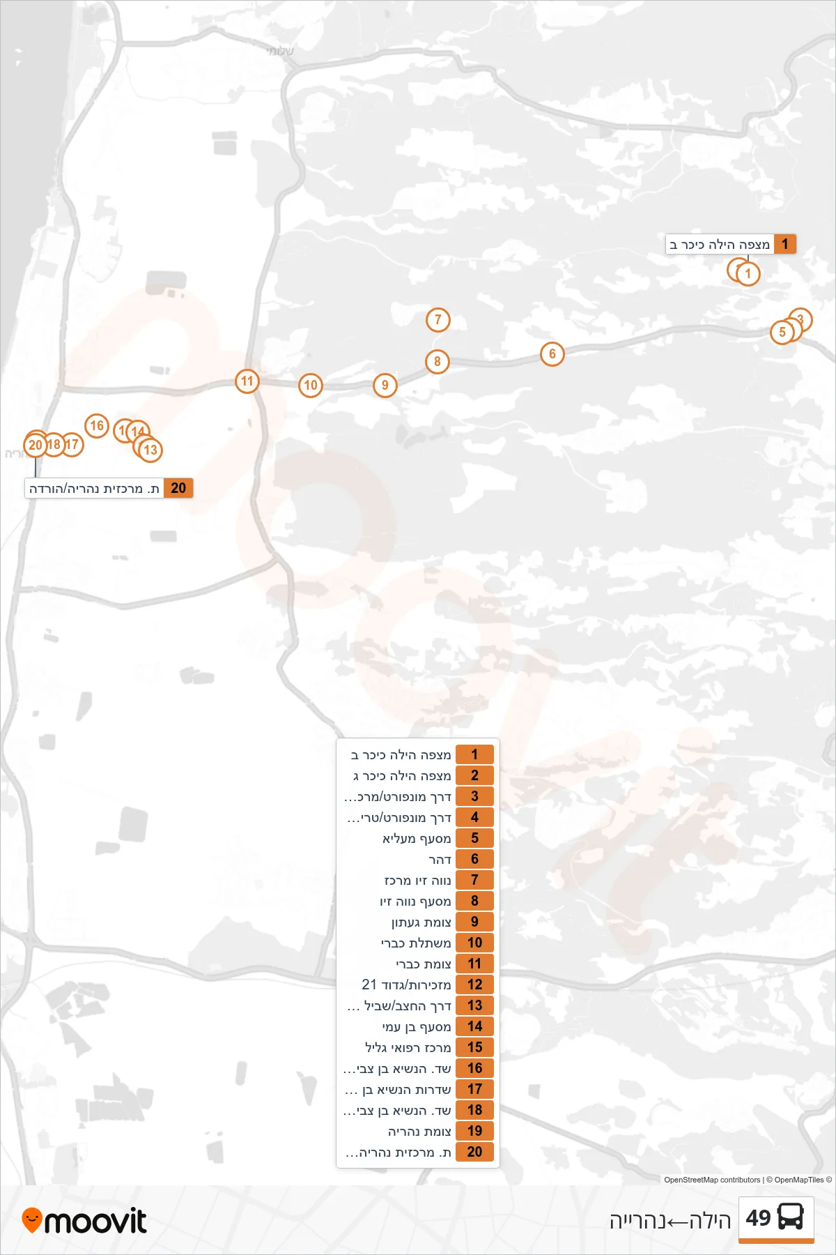 49 bus Line (Hila‎→Nahariya) route and stops on a map