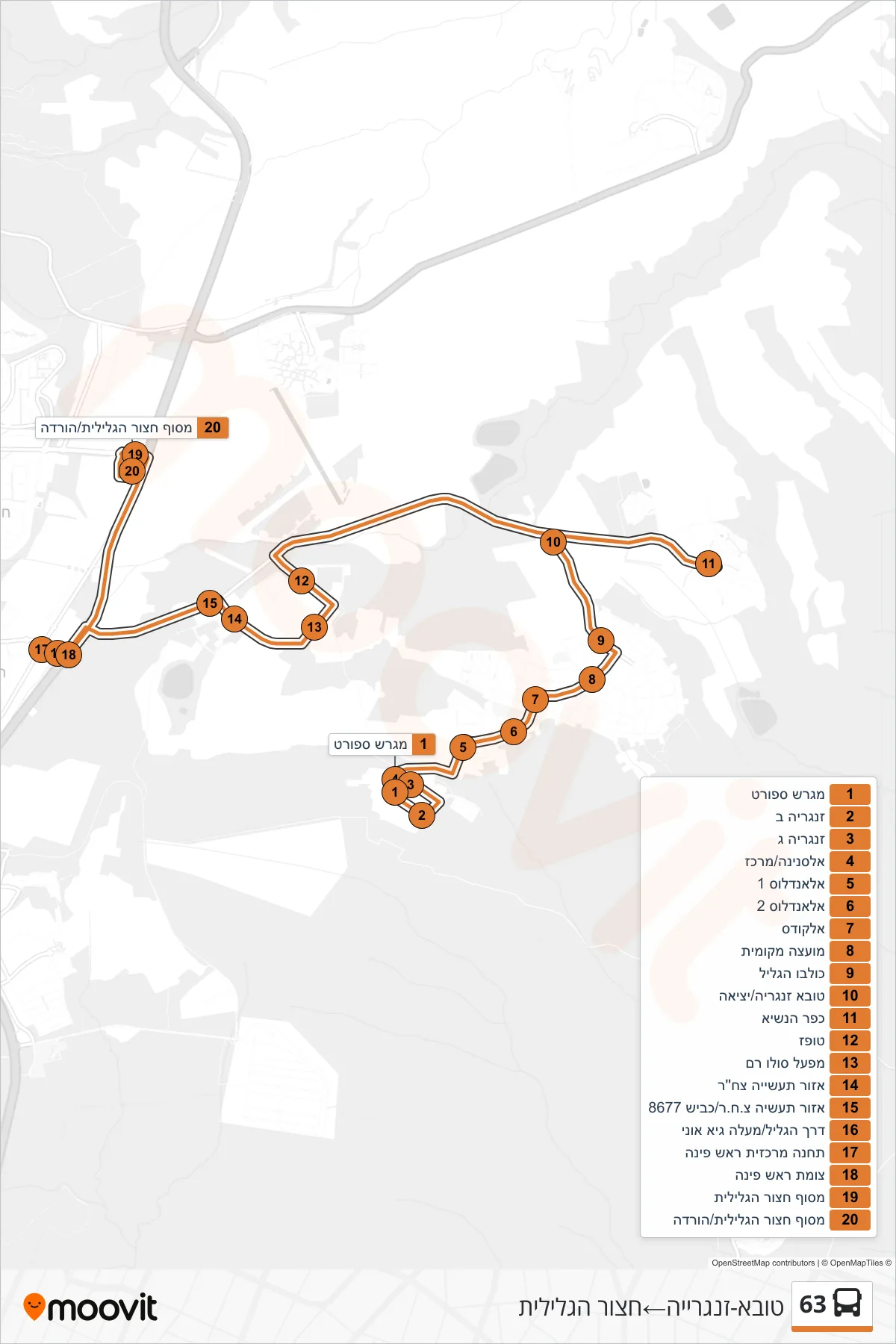 63 bus Line (Tuba-Zangariyye‎→Hatzor HaGlilit) route and stops on a map