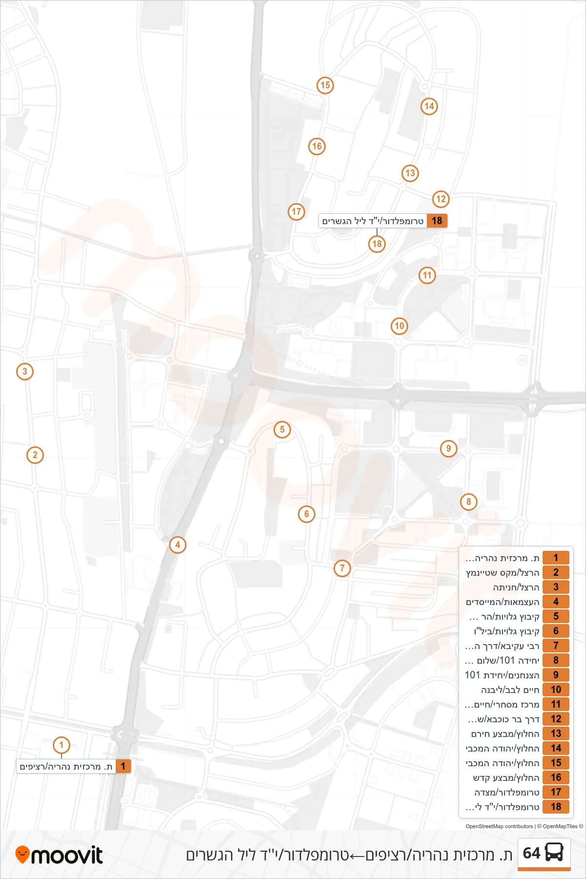 64 bus Line (Nahariya Central Station/Platforms‎→Trumpeldor/14 Night of Bridges) route and stops on a map