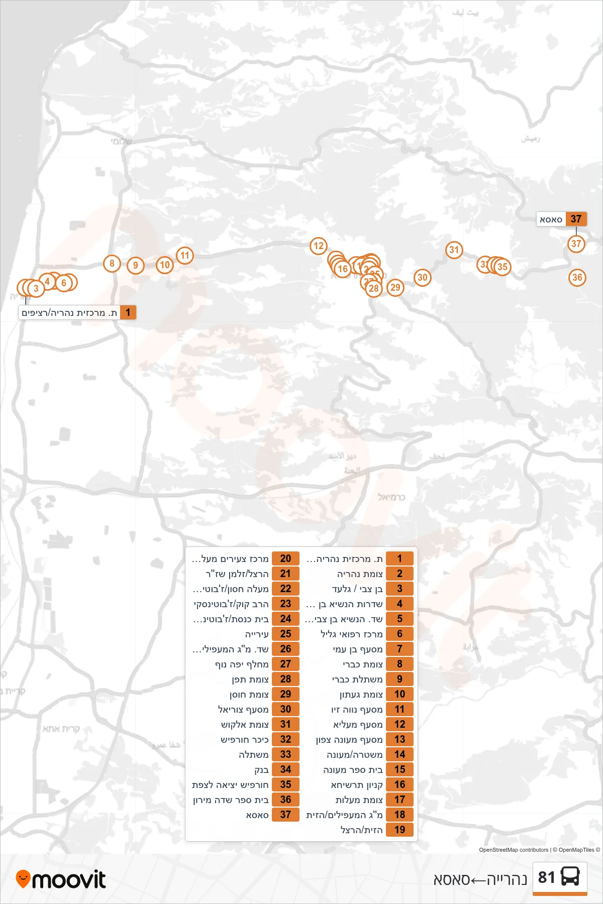 81 bus Line (Nahariya‎→Sasa) route and stops on a map