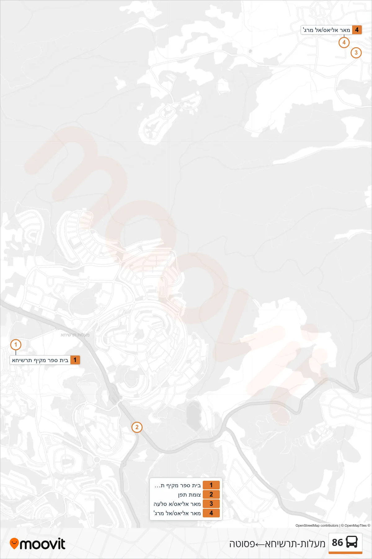 86 bus Line (Ma'alot-Tarshiha‎→Fasuta) route and stops on a map