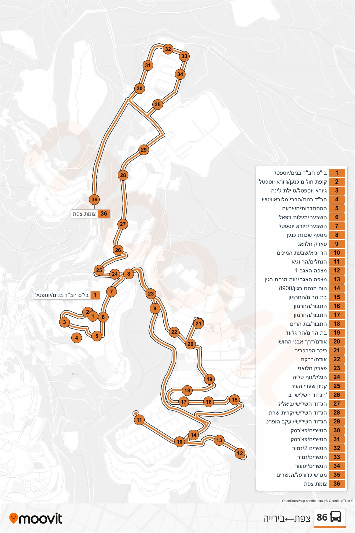 86 bus Line (Safed‎→Biriya) route and stops on a map