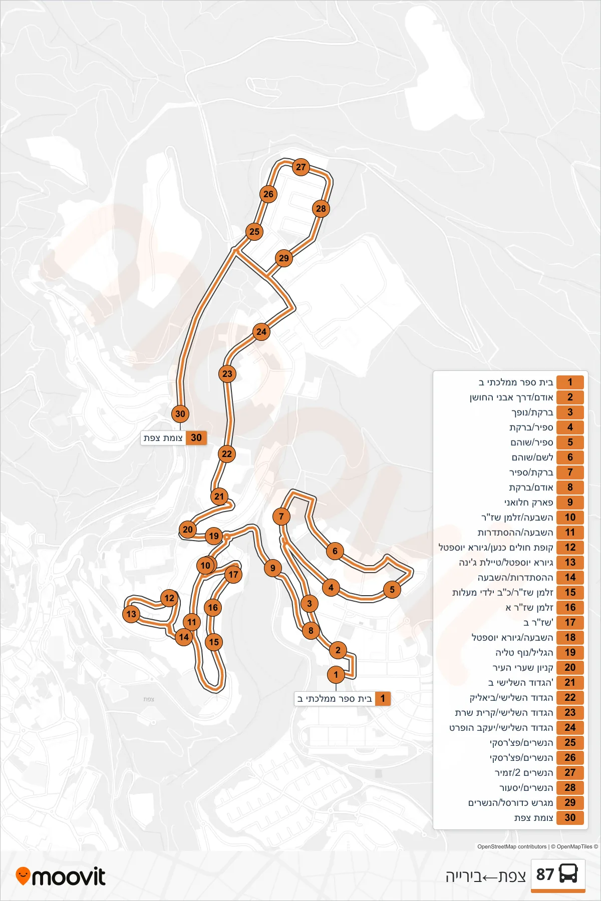 87 bus Line (Safed‎→Biriya) route and stops on a map
