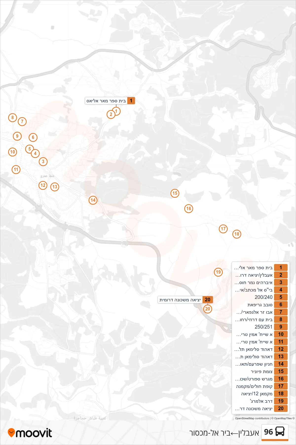 96 bus Line (I'billin‎→Bir al-Maksur) route and stops on a map
